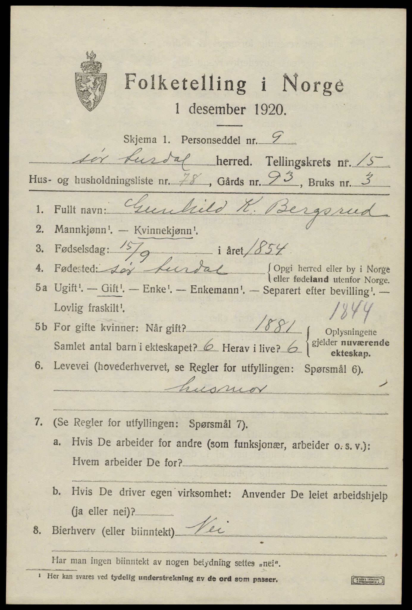 SAH, Folketelling 1920 for 0540 Sør-Aurdal herred, 1920, s. 9211