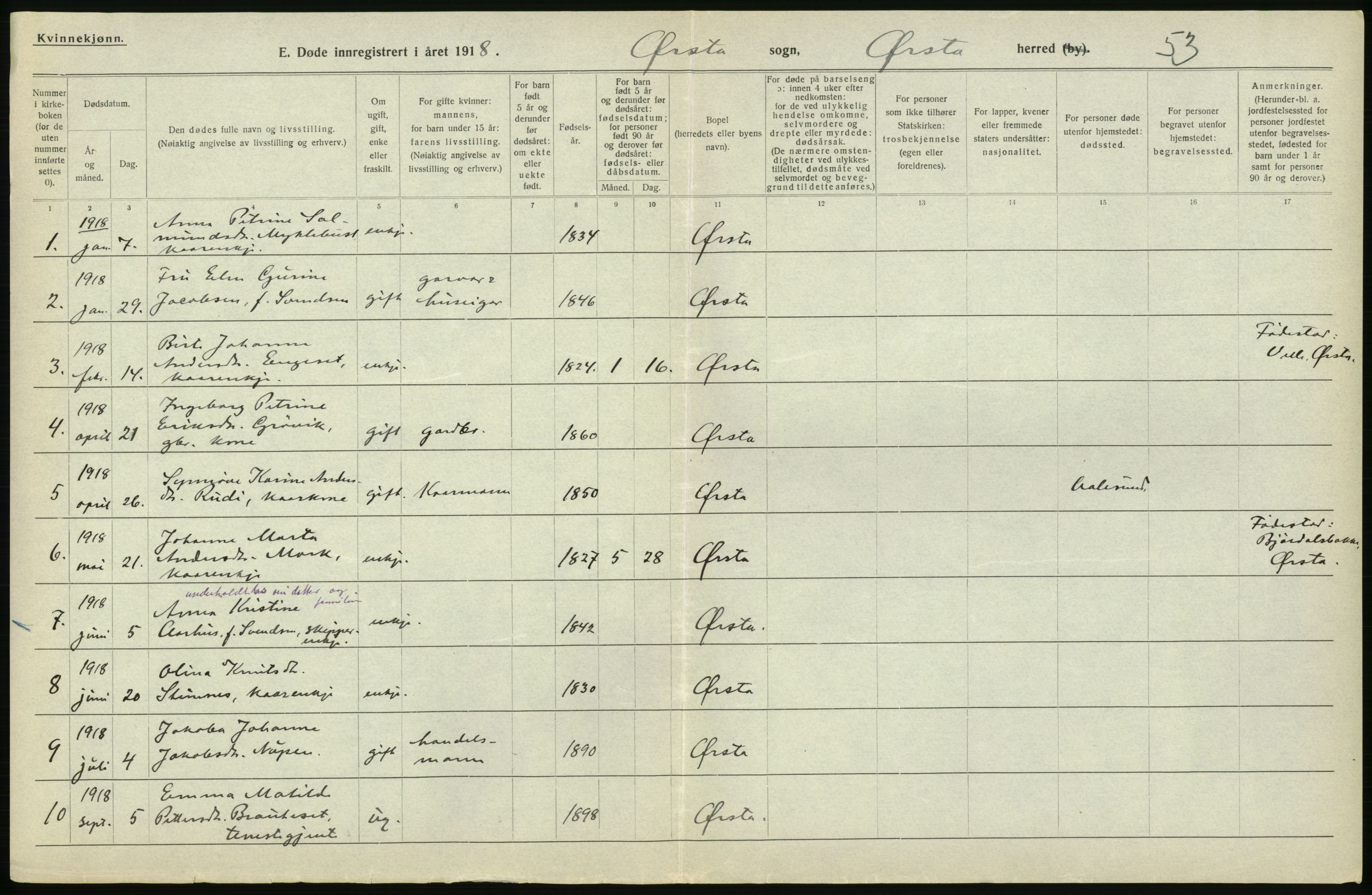 Statistisk sentralbyrå, Sosiodemografiske emner, Befolkning, AV/RA-S-2228/D/Df/Dfb/Dfbh/L0045: Møre fylke: Døde. Bygder og byer., 1918, s. 44