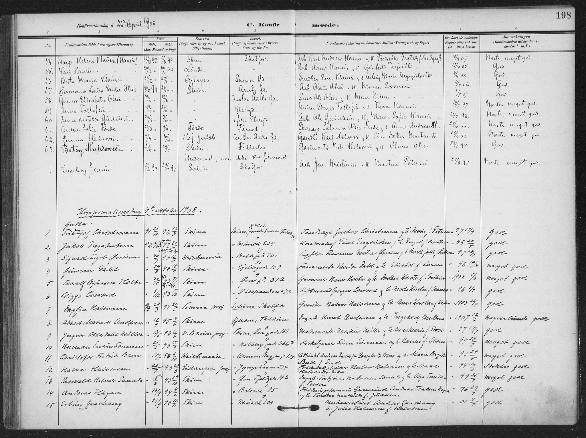 Skien kirkebøker, AV/SAKO-A-302/F/Fa/L0012: Ministerialbok nr. 12, 1908-1914, s. 198