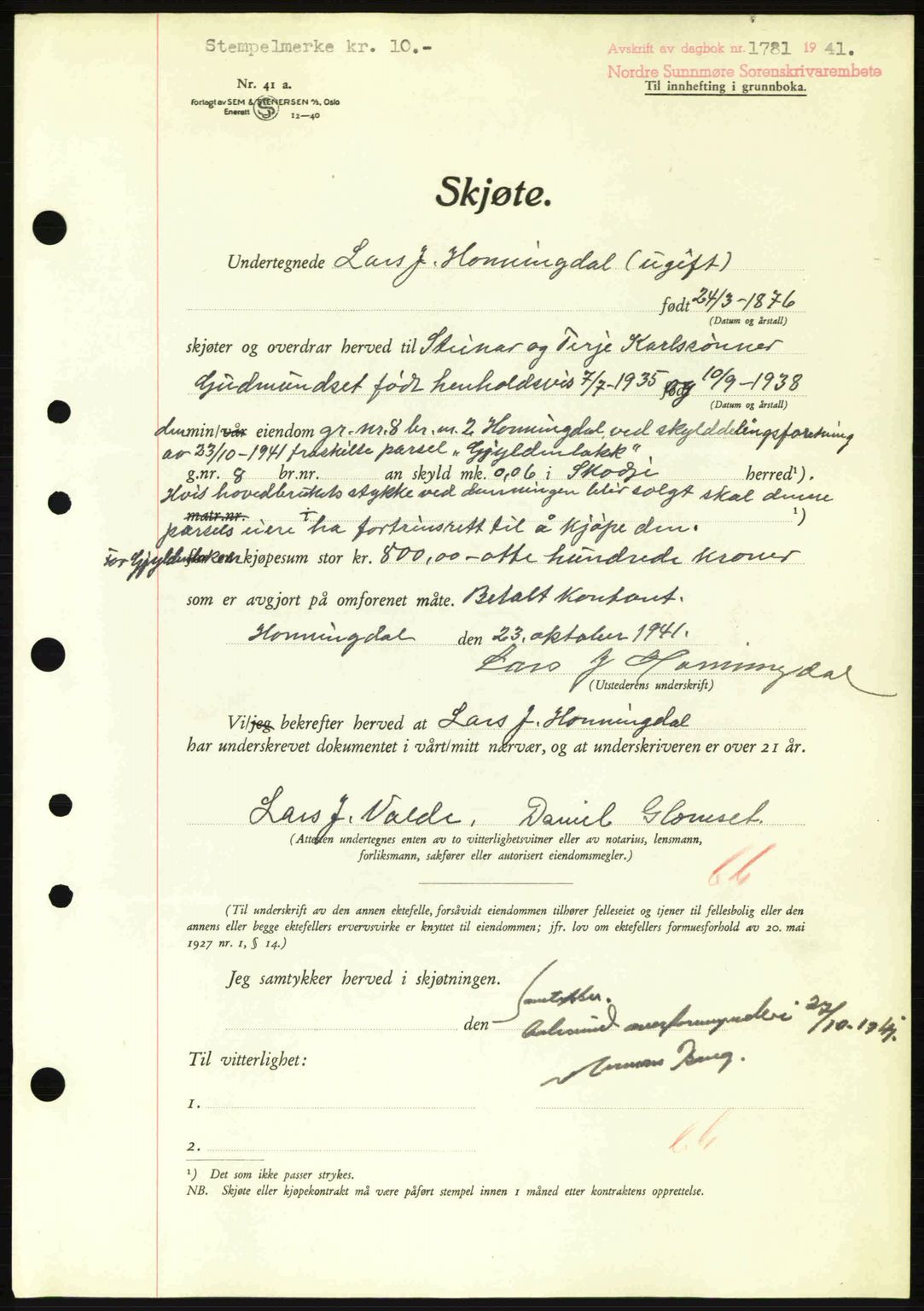 Nordre Sunnmøre sorenskriveri, AV/SAT-A-0006/1/2/2C/2Ca: Pantebok nr. A12, 1941-1942, Dagboknr: 1781/1941