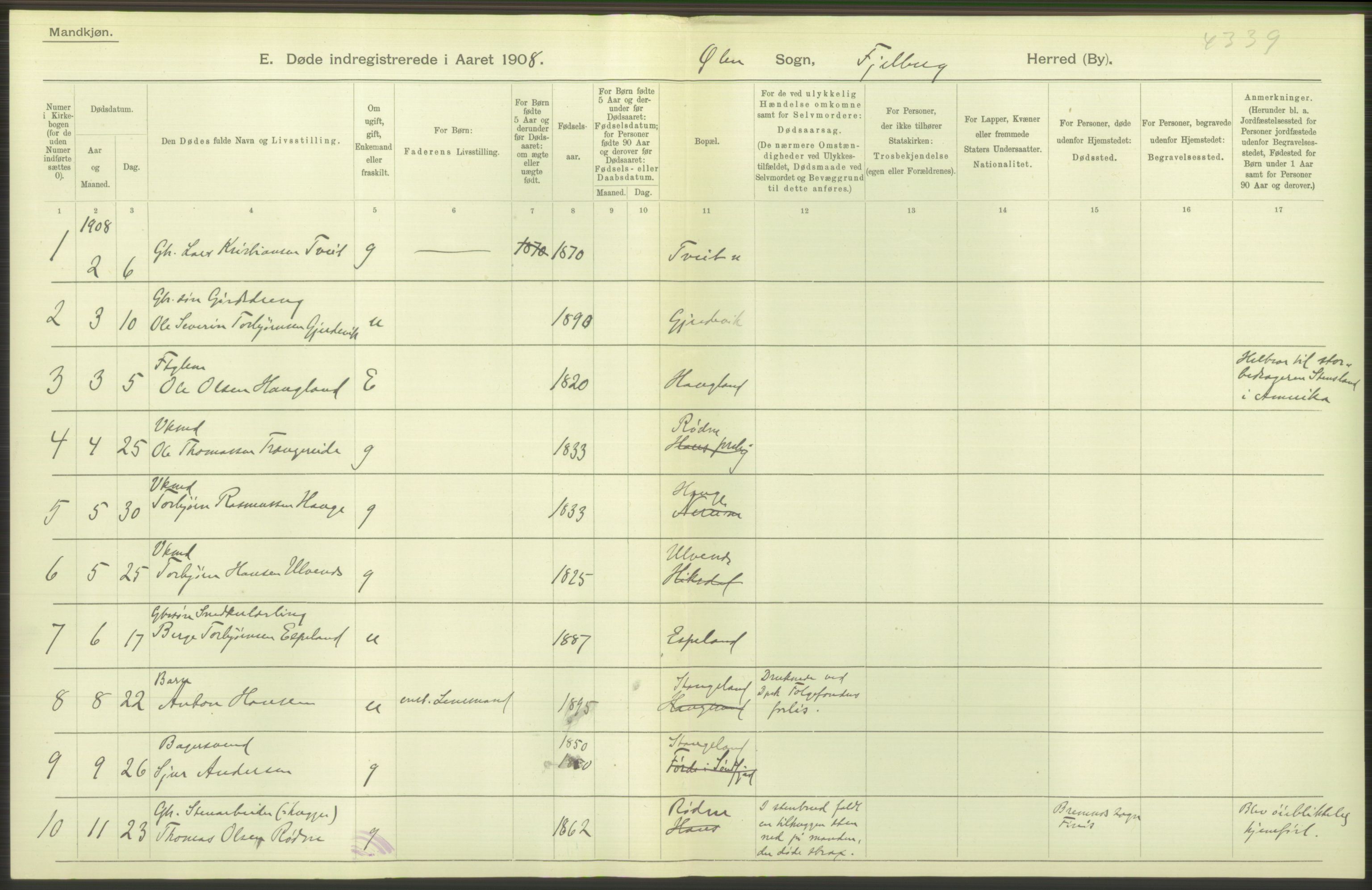 Statistisk sentralbyrå, Sosiodemografiske emner, Befolkning, AV/RA-S-2228/D/Df/Dfa/Dfaf/L0029: S. Bergenhus amt: Døde. Bygder., 1908, s. 46