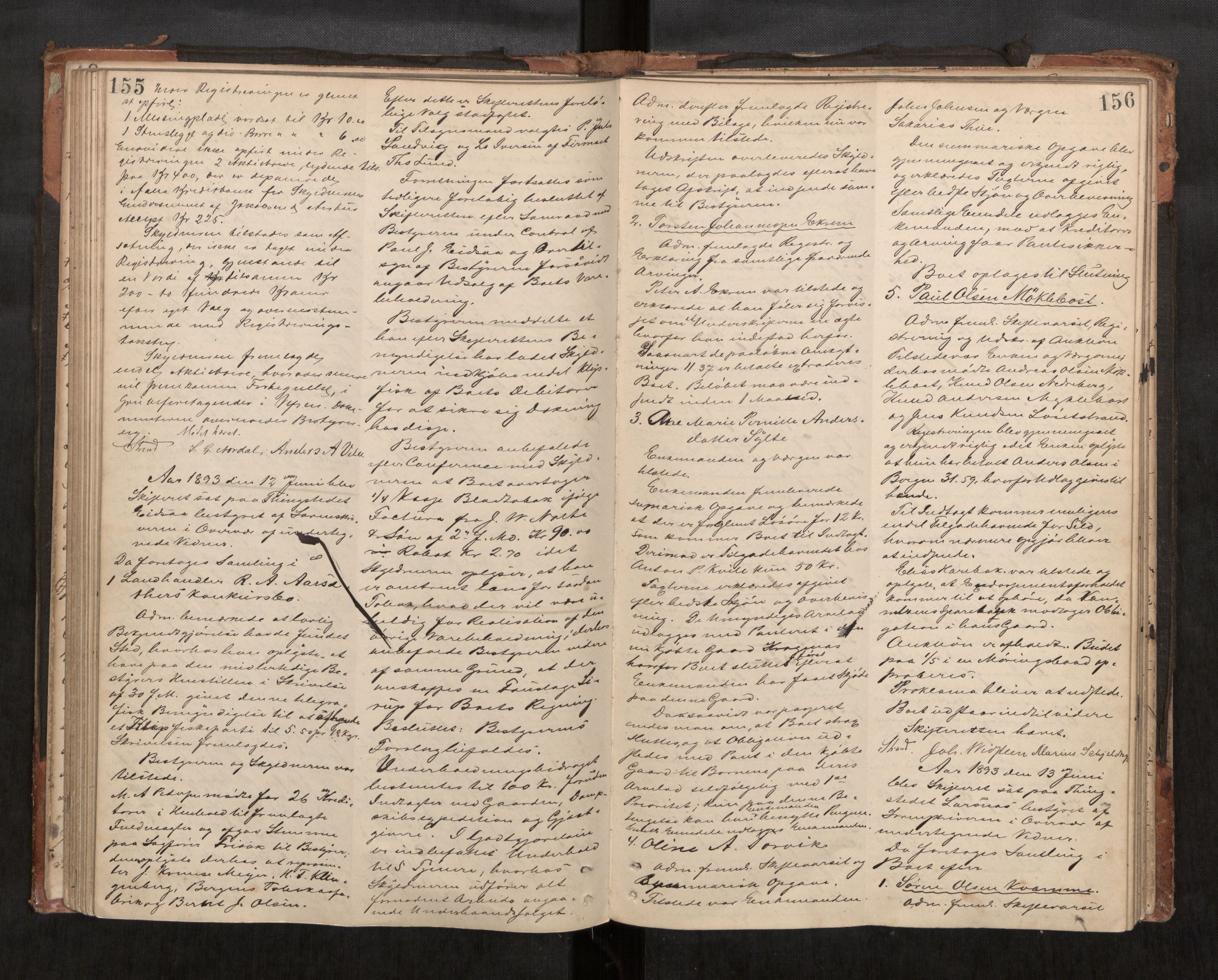Søre Sunnmøre sorenskriveri, AV/SAT-A-4122/1/3/3B/L0006: Skiftebehandlings- / Skifteforhandlingsprotokollar, 1883-1895, s. 155-156