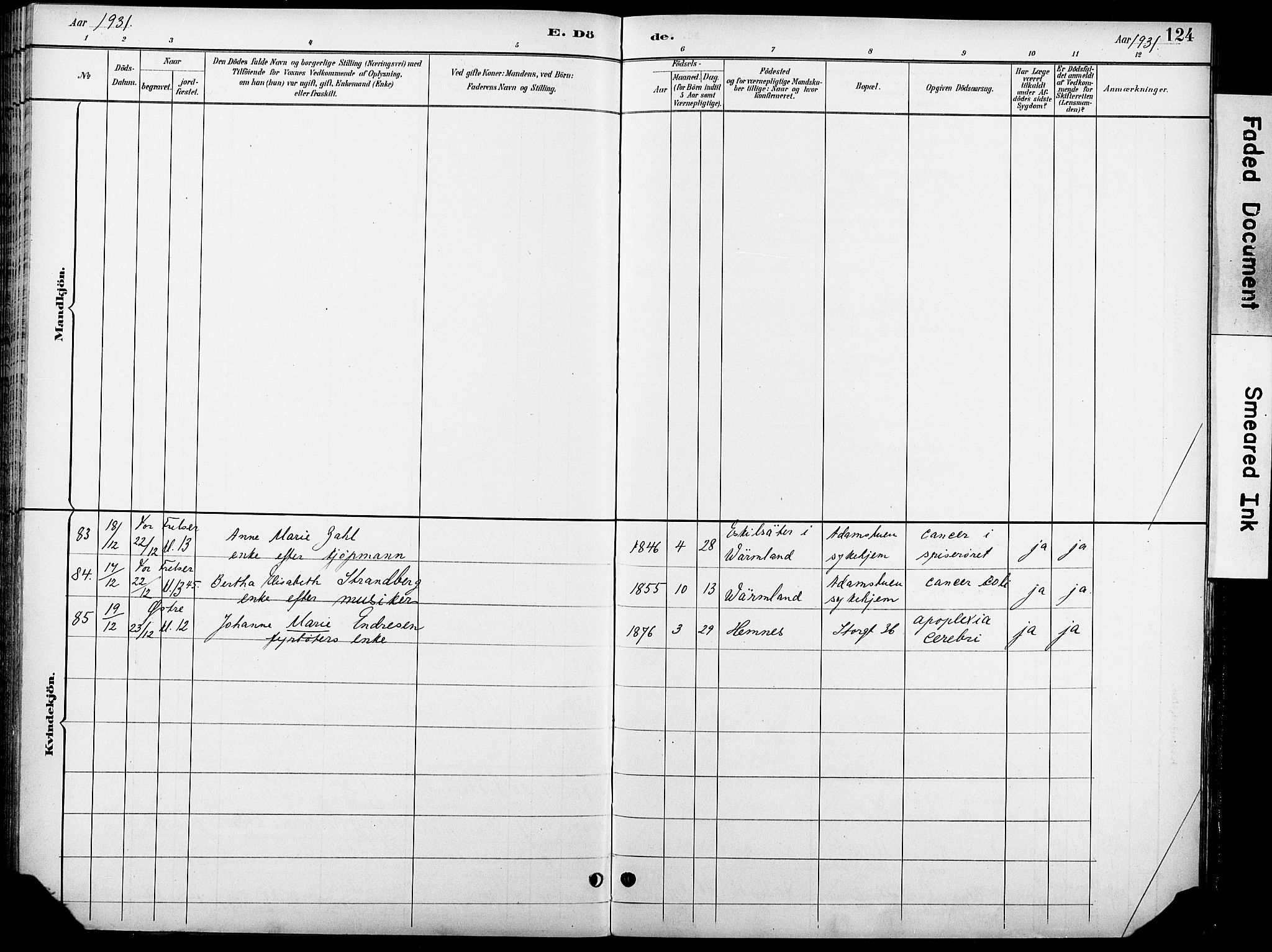 Krohgstøtten sykehusprest Kirkebøker, AV/SAO-A-10854/F/Fa/L0003: Ministerialbok nr. 3, 1890-1935, s. 124