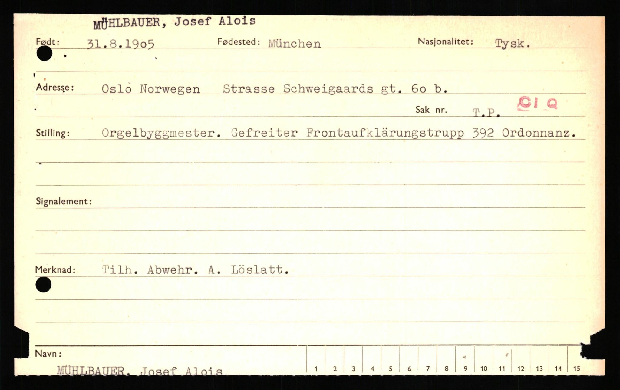 Forsvaret, Forsvarets overkommando II, RA/RAFA-3915/D/Db/L0022: CI Questionaires. Tyske okkupasjonsstyrker i Norge. Tyskere., 1945-1946, s. 496