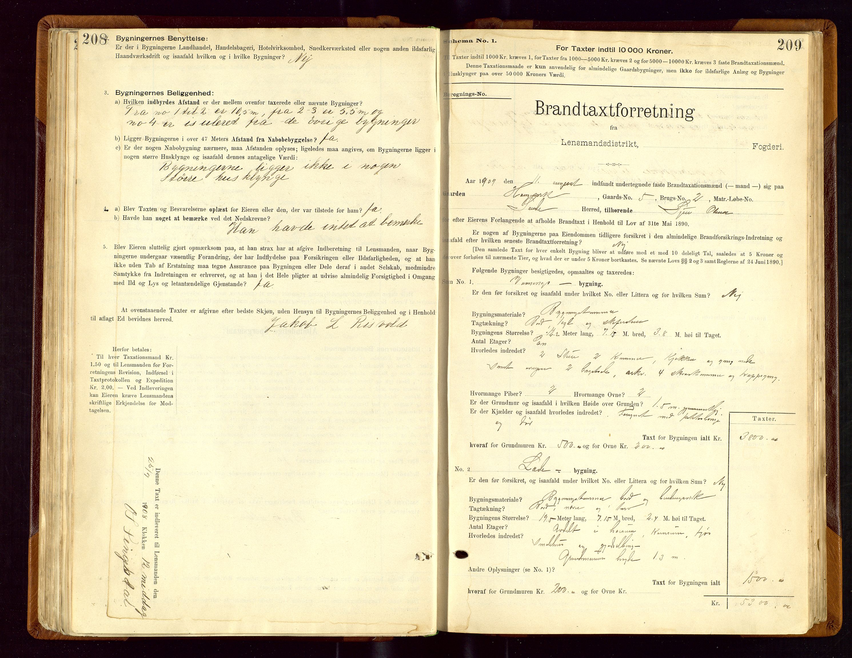 Sauda lensmannskontor, AV/SAST-A-100177/Gob/L0001: Branntakstprotokoll - skjematakst, 1894-1914, s. 208-209