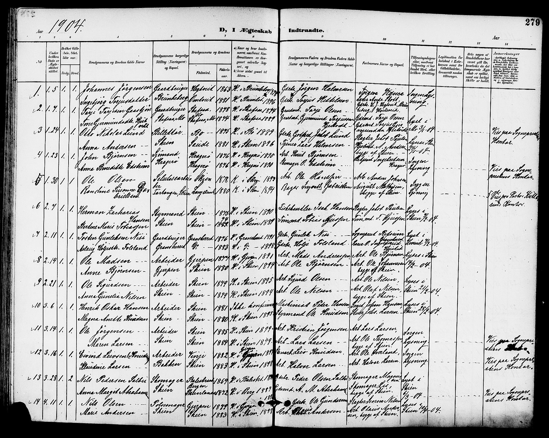 Skien kirkebøker, AV/SAKO-A-302/G/Ga/L0008: Klokkerbok nr. 8, 1900-1910, s. 279