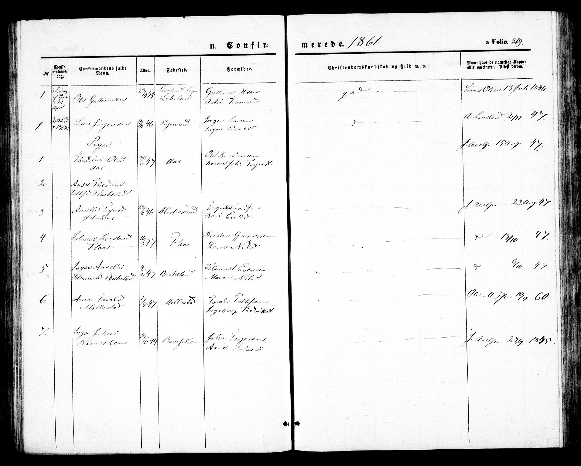Birkenes sokneprestkontor, SAK/1111-0004/F/Fb/L0002: Klokkerbok nr. B 2, 1849-1876, s. 209