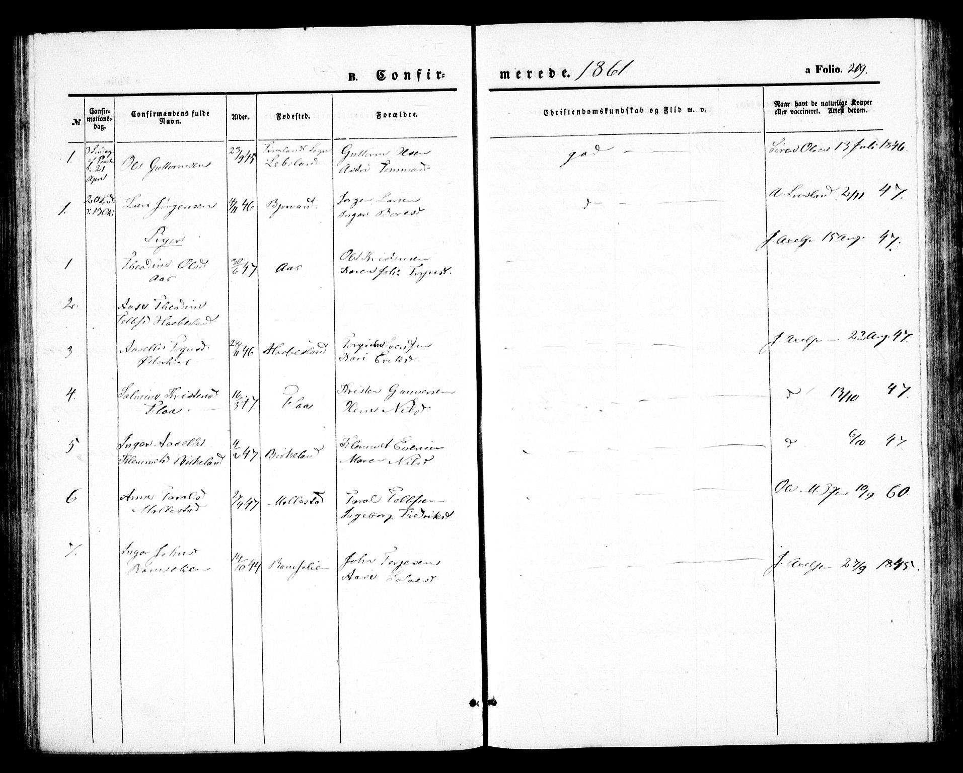 Birkenes sokneprestkontor, AV/SAK-1111-0004/F/Fb/L0002: Klokkerbok nr. B 2, 1849-1876, s. 209