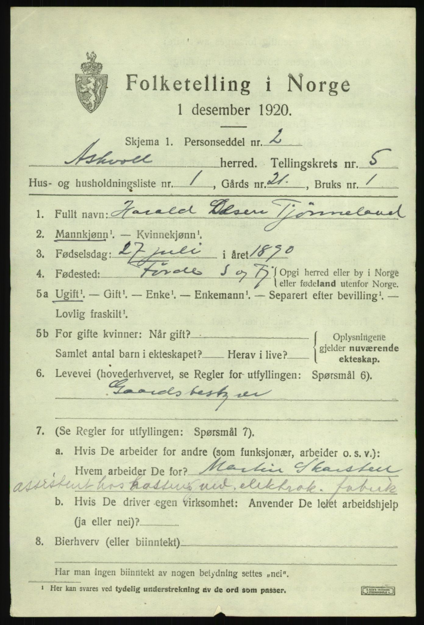 SAB, Folketelling 1920 for 1428 Askvoll herred, 1920, s. 2588