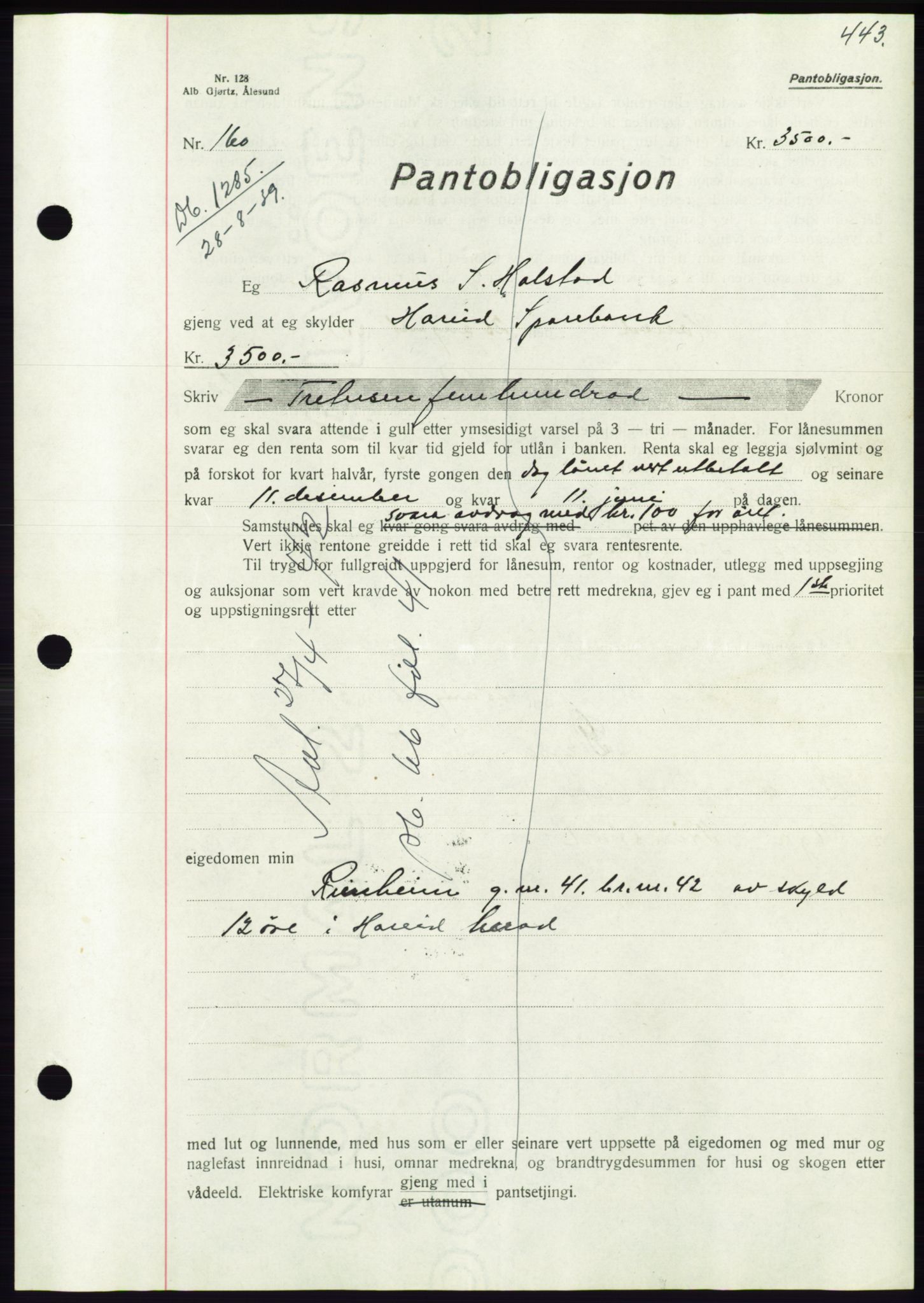 Søre Sunnmøre sorenskriveri, AV/SAT-A-4122/1/2/2C/L0068: Pantebok nr. 62, 1939-1939, Dagboknr: 1285/1939