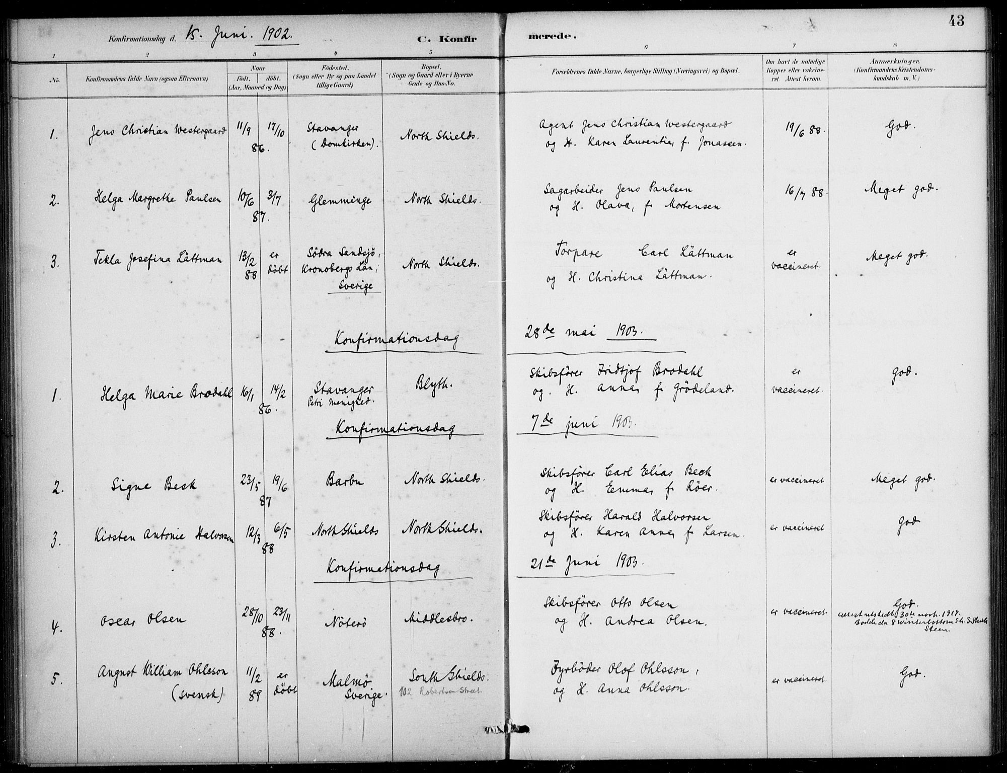 Den norske sjømannsmisjon i utlandet/Tyne-havnene (North Shields og New Castle), SAB/SAB/PA-0101/H/Ha/L0002: Ministerialbok nr. A 2, 1883-1938, s. 43