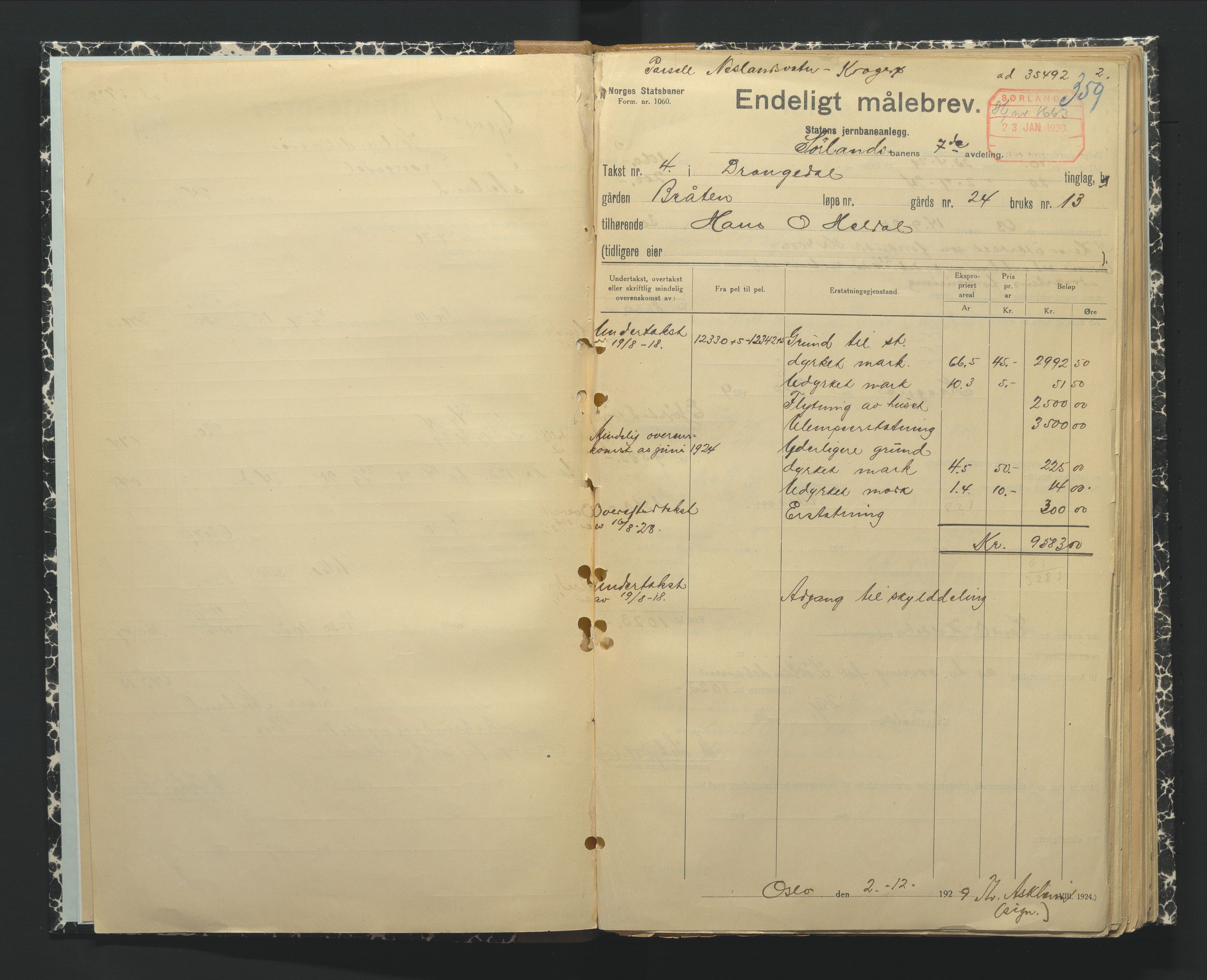 NSB Baneavdelingen, AV/SAK-1821-0004/F/Fc/Fch/L0249/0002: Grunnerstatninger, målebrev / Endelige måle- og rentebrev for Kragerølinja, 1928-1930