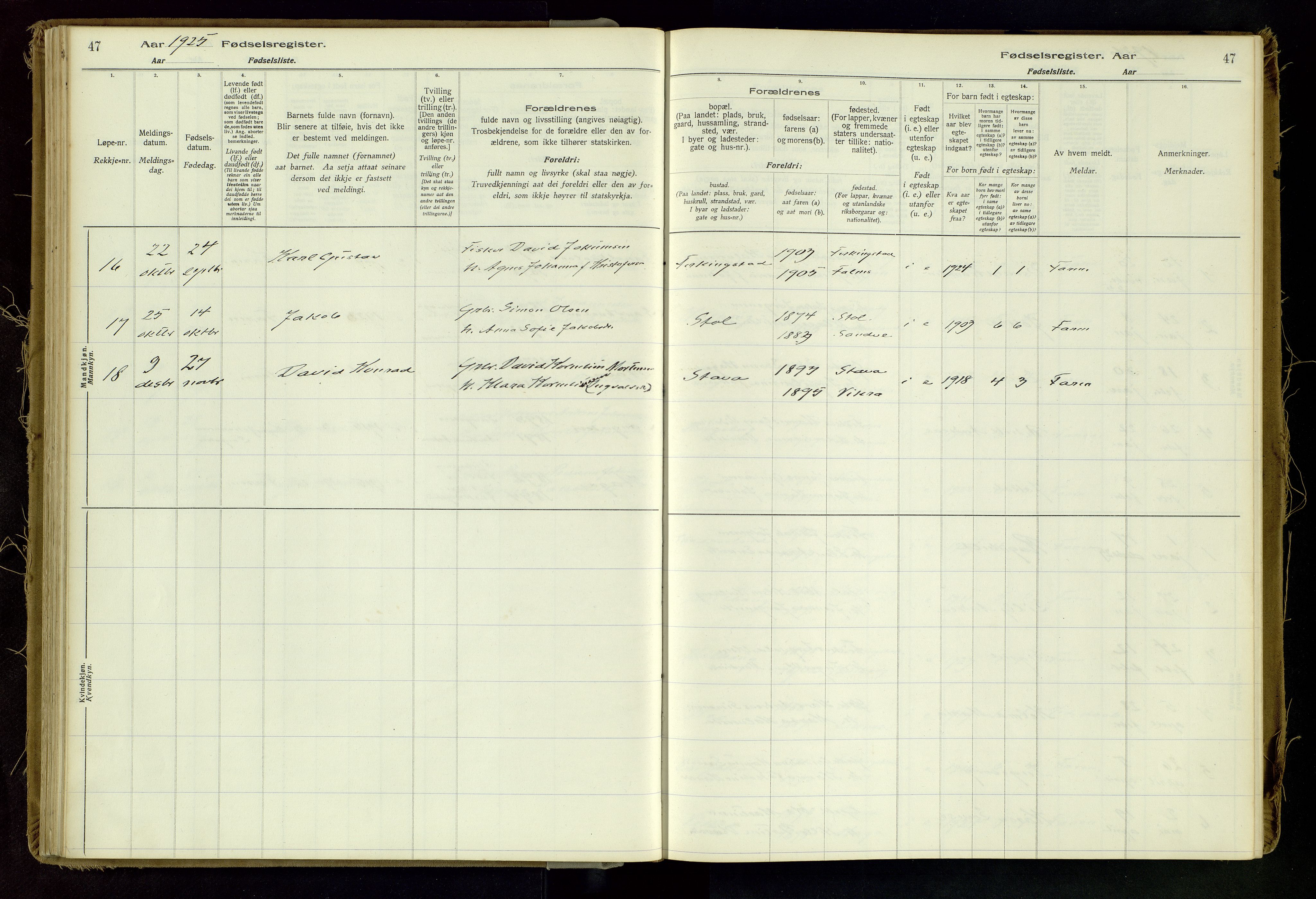 Skudenes sokneprestkontor, SAST/A -101849/I/Id/L0002: Fødselsregister nr. 2, 1916-1962, s. 47