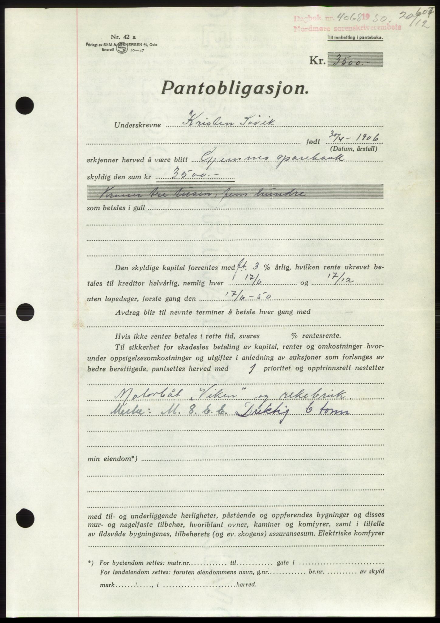 Nordmøre sorenskriveri, SAT/A-4132/1/2/2Ca: Pantebok nr. B106, 1950-1950, Dagboknr: 4068/1950