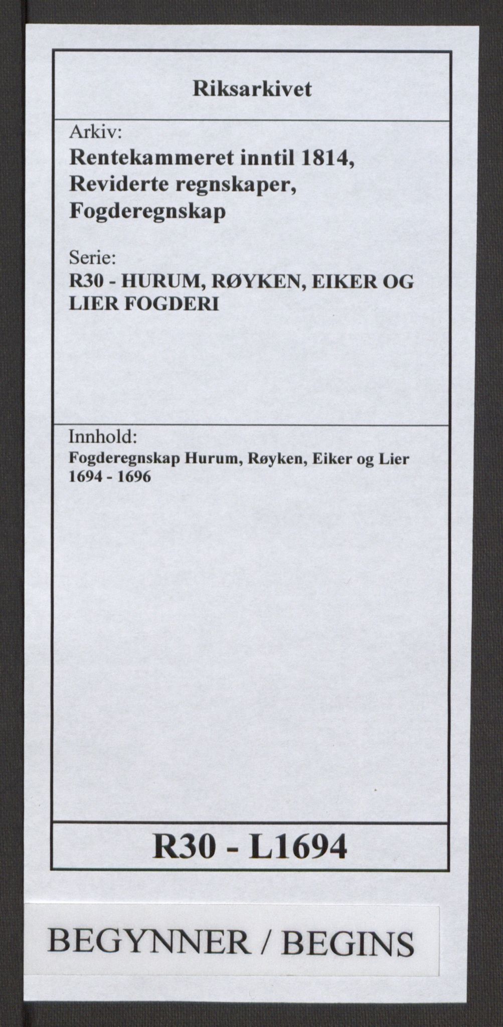 Rentekammeret inntil 1814, Reviderte regnskaper, Fogderegnskap, AV/RA-EA-4092/R30/L1694: Fogderegnskap Hurum, Røyken, Eiker og Lier, 1694-1696, s. 1