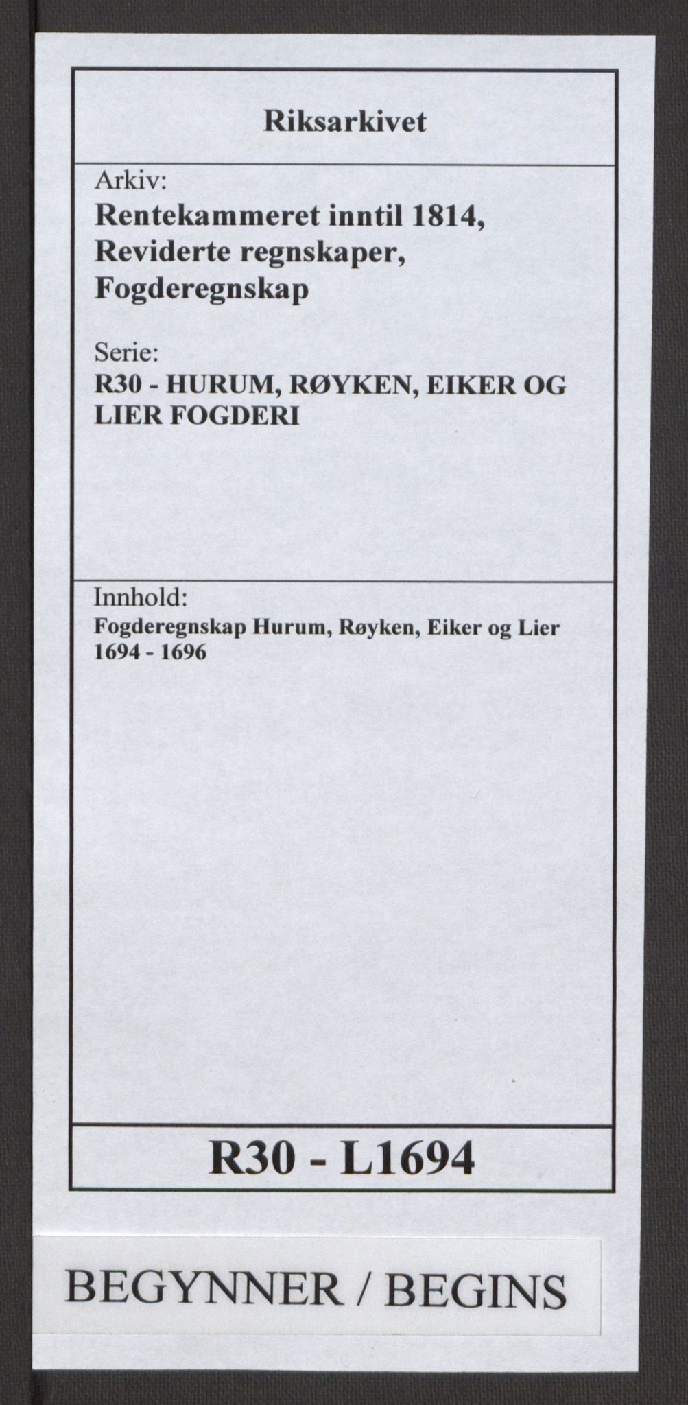 Rentekammeret inntil 1814, Reviderte regnskaper, Fogderegnskap, RA/EA-4092/R30/L1694: Fogderegnskap Hurum, Røyken, Eiker og Lier, 1694-1696, s. 1