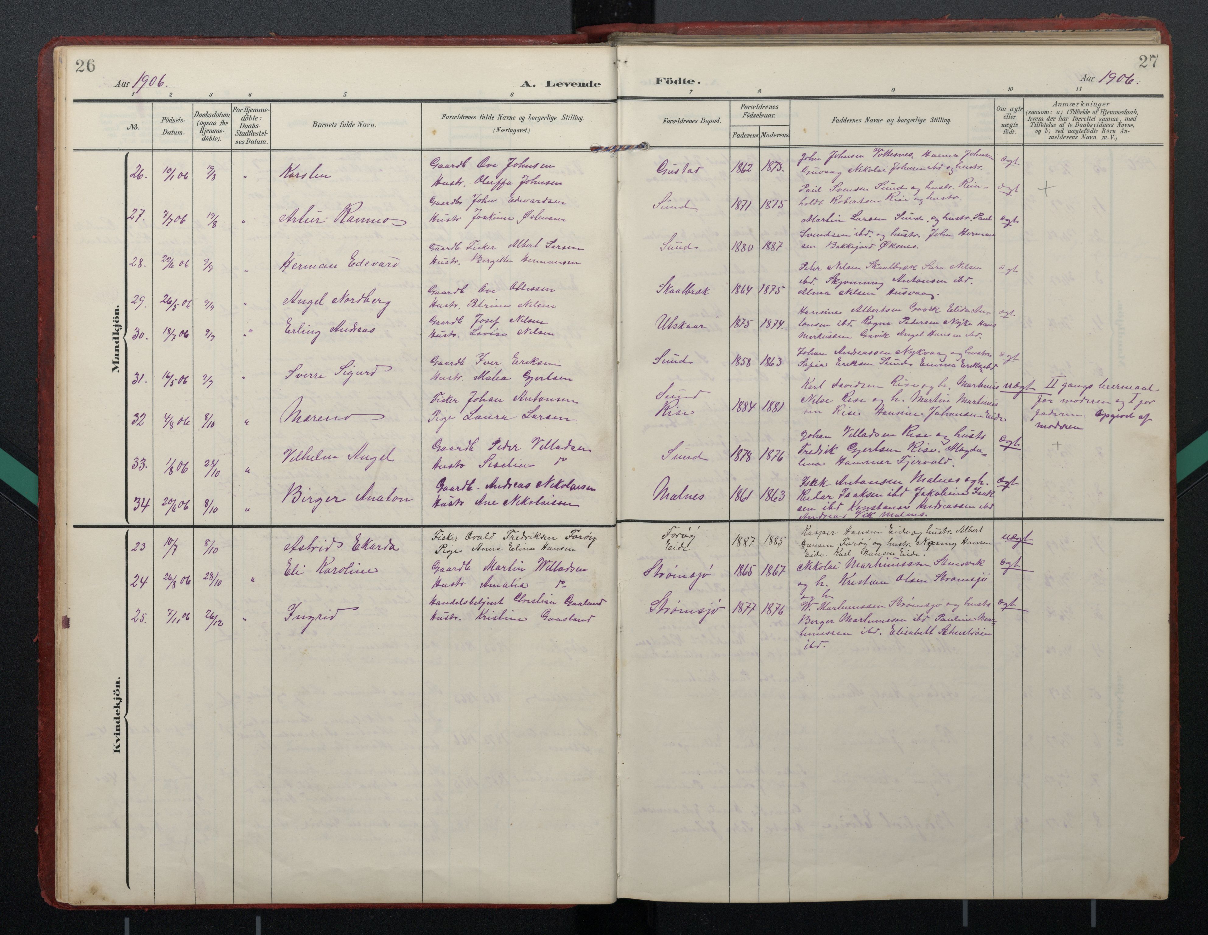 Ministerialprotokoller, klokkerbøker og fødselsregistre - Nordland, SAT/A-1459/892/L1322: Ministerialbok nr. 892A03, 1904-1921, s. 26-27