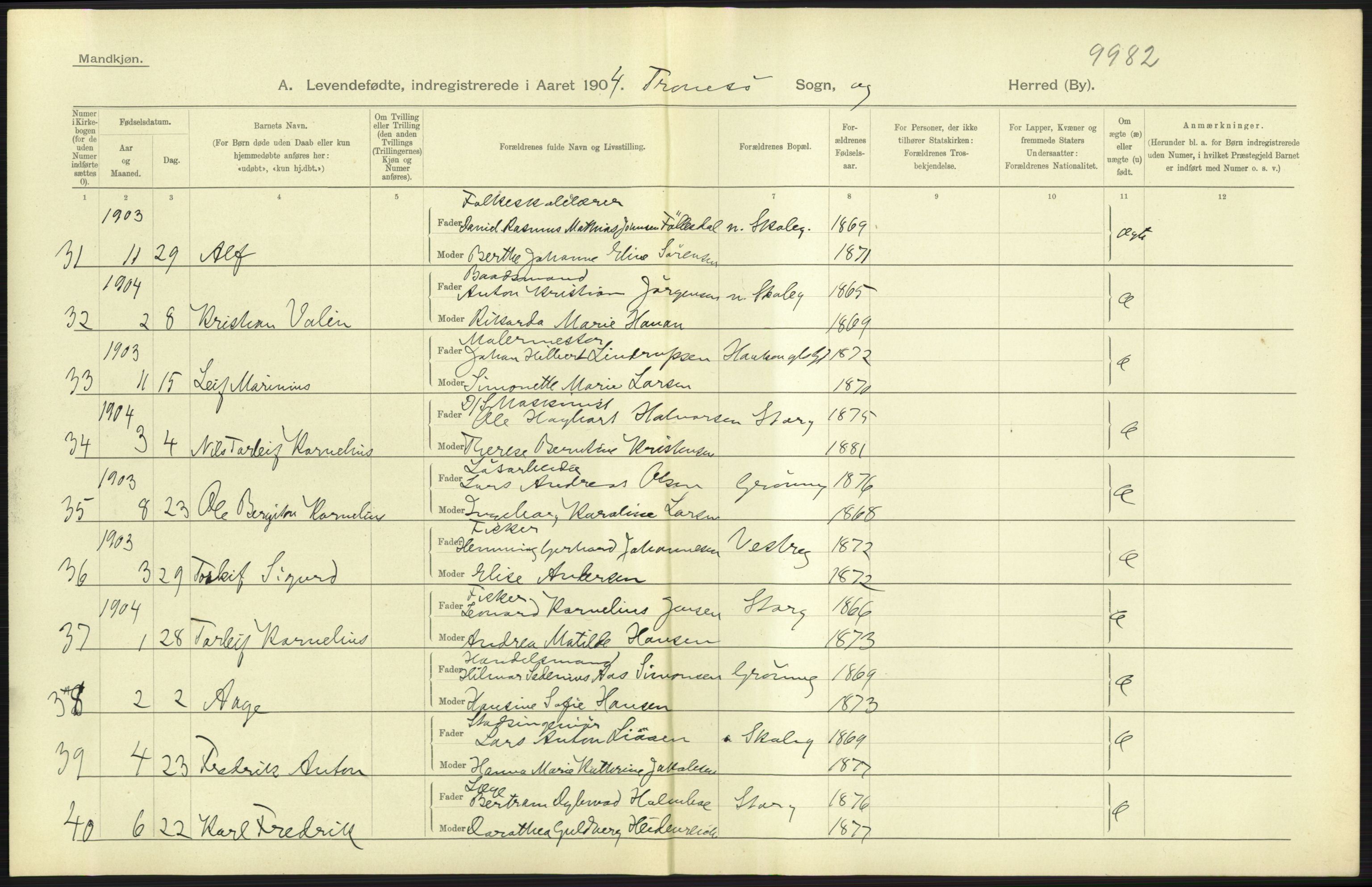 Statistisk sentralbyrå, Sosiodemografiske emner, Befolkning, AV/RA-S-2228/D/Df/Dfa/Dfab/L0022: Tromsø amt: Fødte, gifte, døde, 1904, s. 267