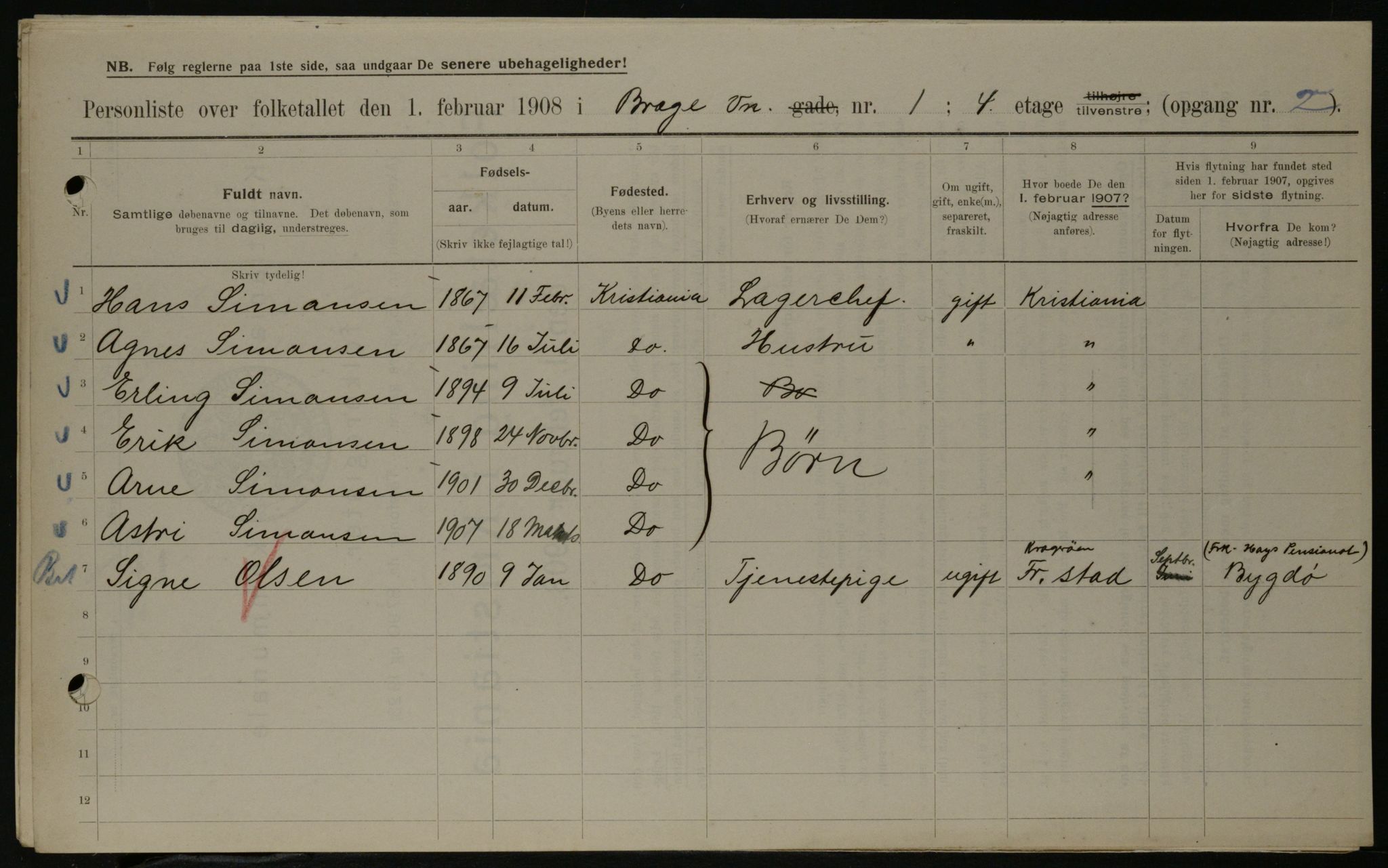 OBA, Kommunal folketelling 1.2.1908 for Kristiania kjøpstad, 1908, s. 7811