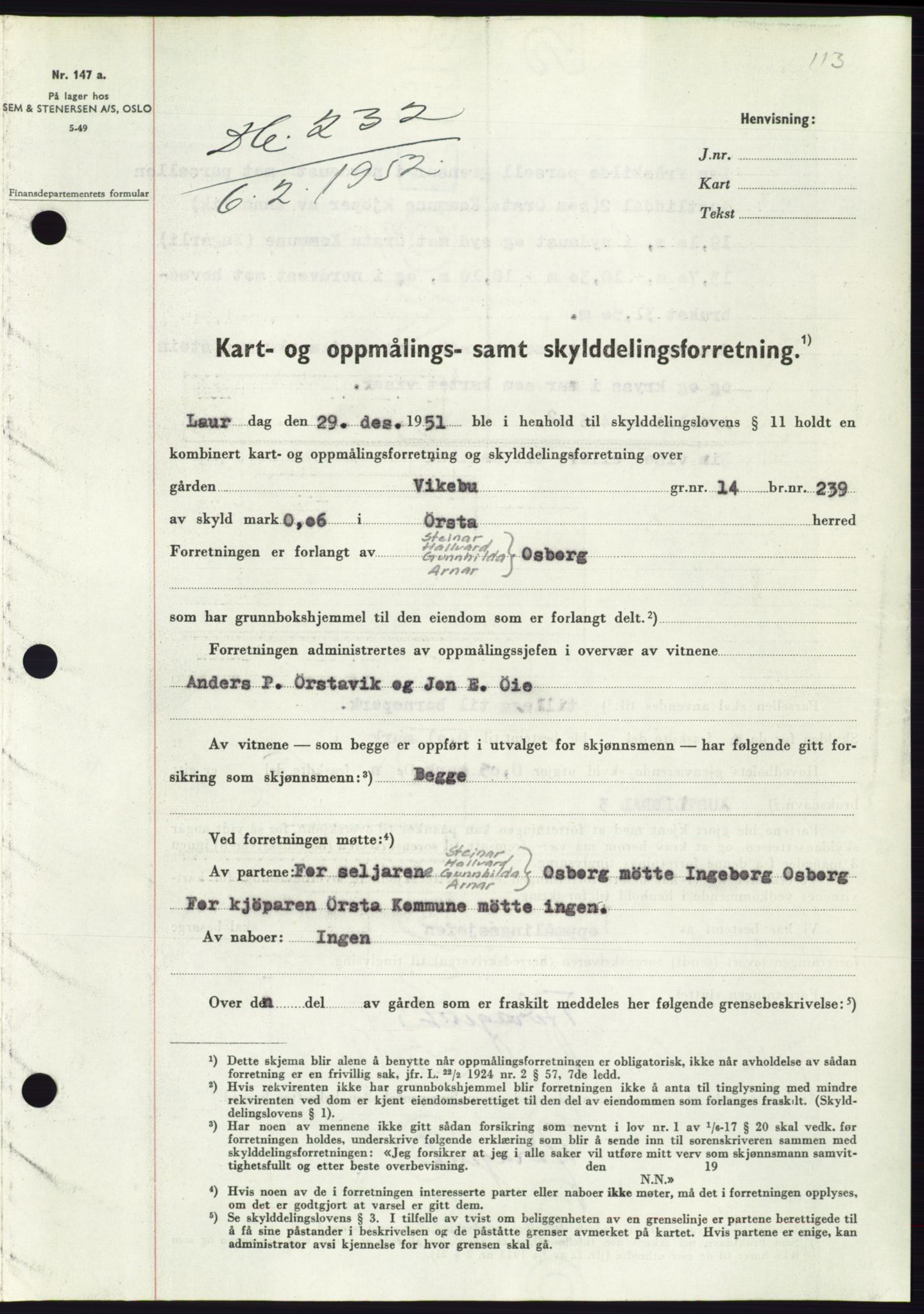 Søre Sunnmøre sorenskriveri, SAT/A-4122/1/2/2C/L0091: Pantebok nr. 17A, 1951-1952, Dagboknr: 232/1952