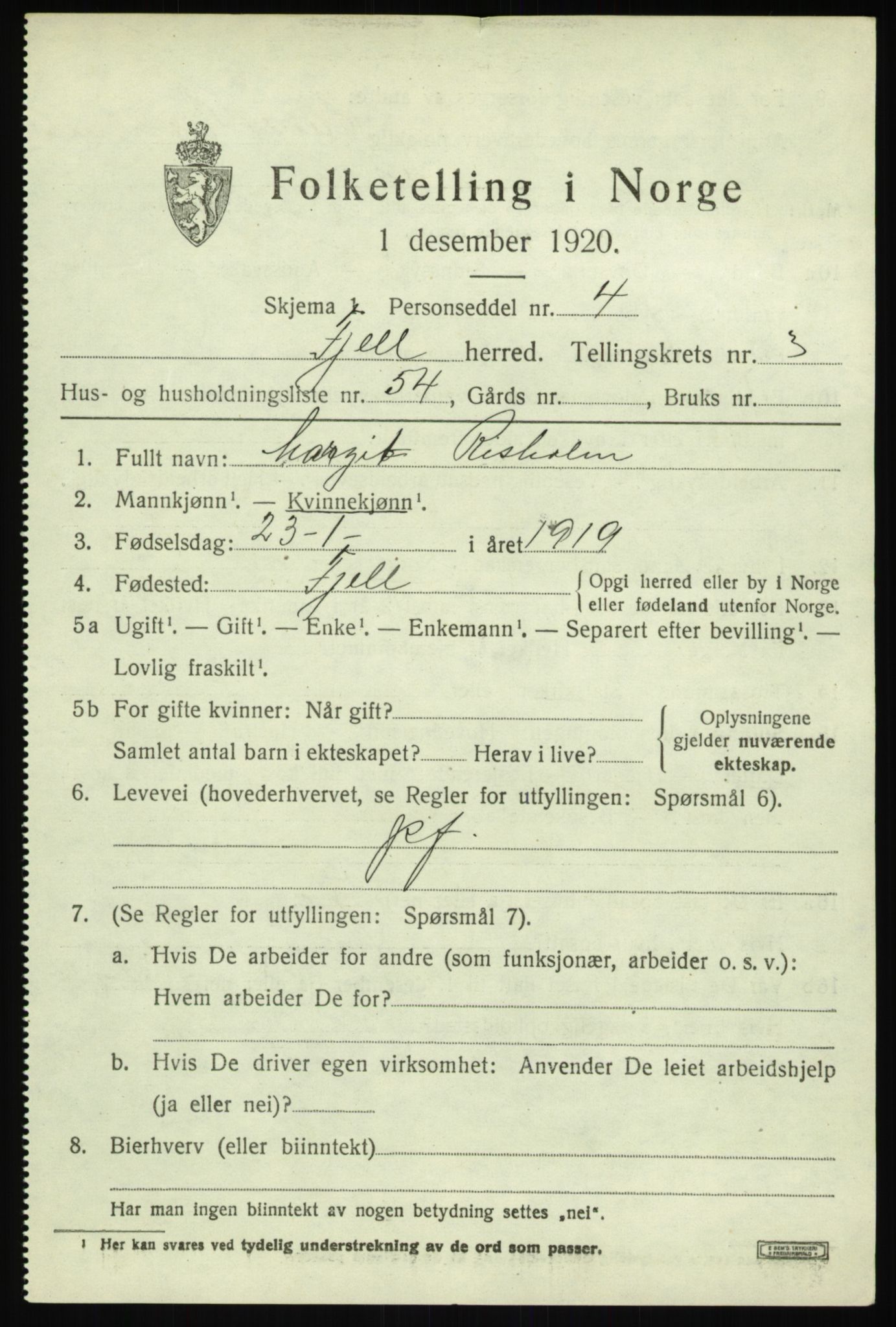 SAB, Folketelling 1920 for 1246 Fjell herred, 1920, s. 3676