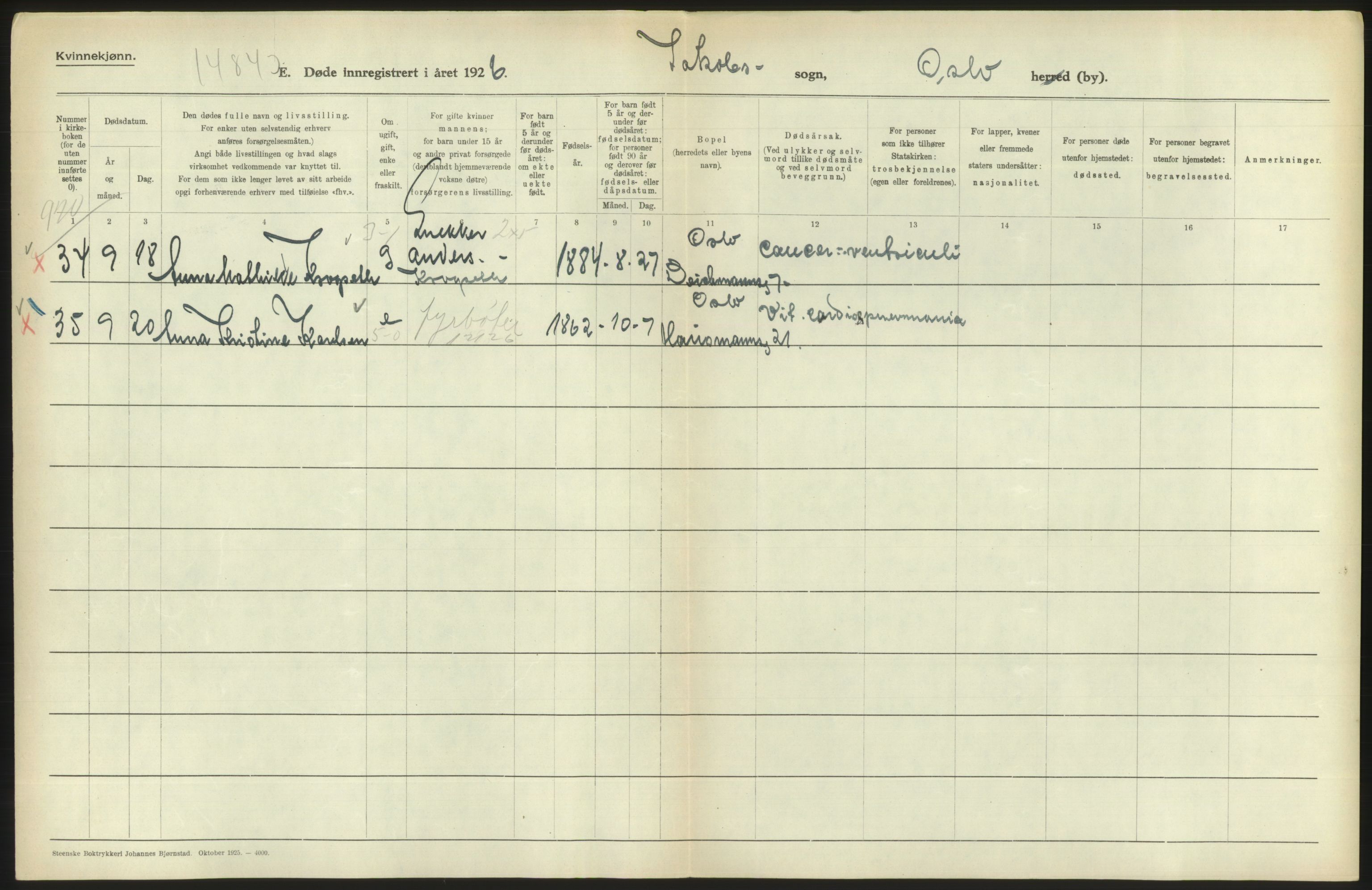 Statistisk sentralbyrå, Sosiodemografiske emner, Befolkning, AV/RA-S-2228/D/Df/Dfc/Dfcf/L0010: Oslo: Døde kvinner, dødfødte, 1926, s. 310