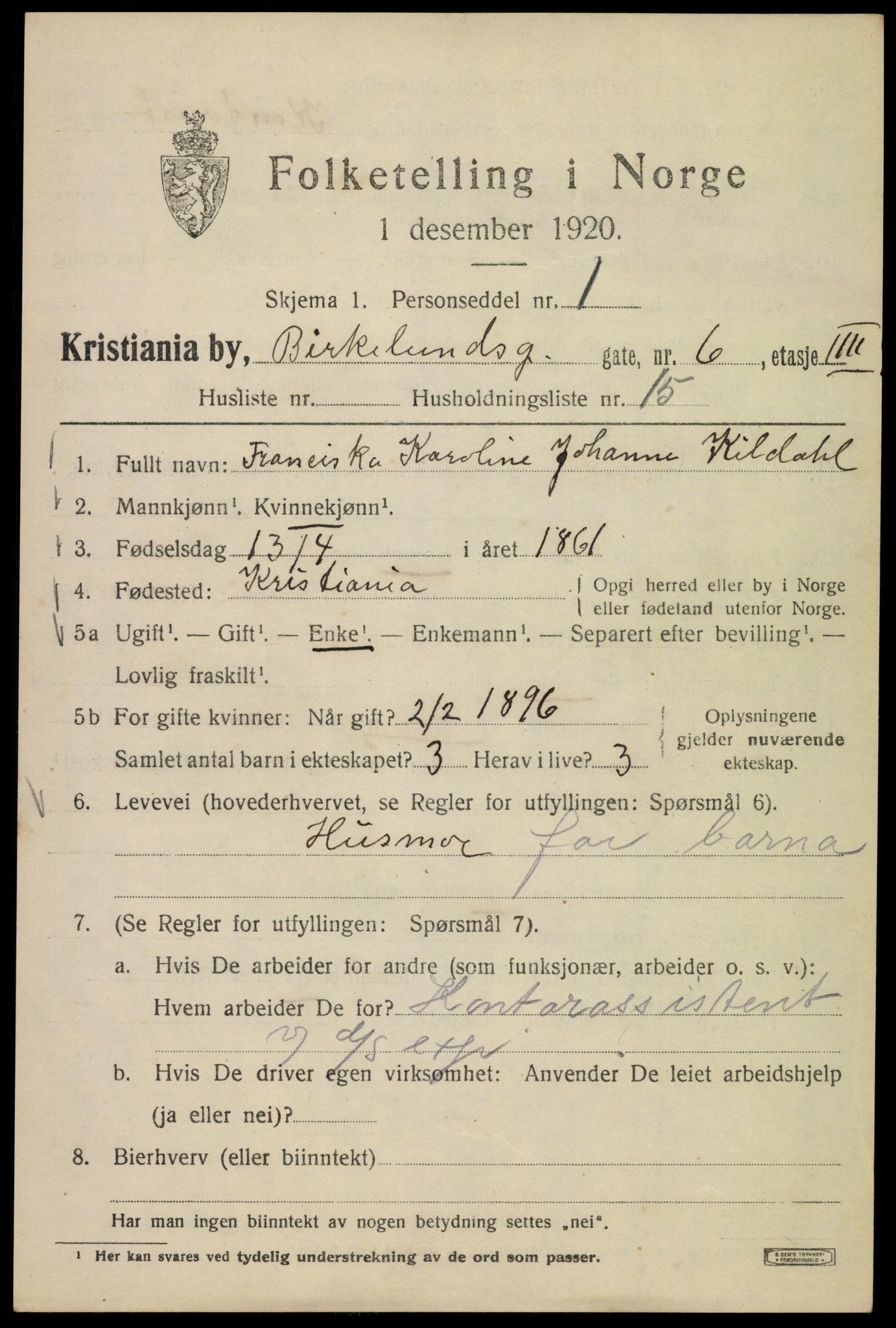 SAO, Folketelling 1920 for 0301 Kristiania kjøpstad, 1920, s. 156985