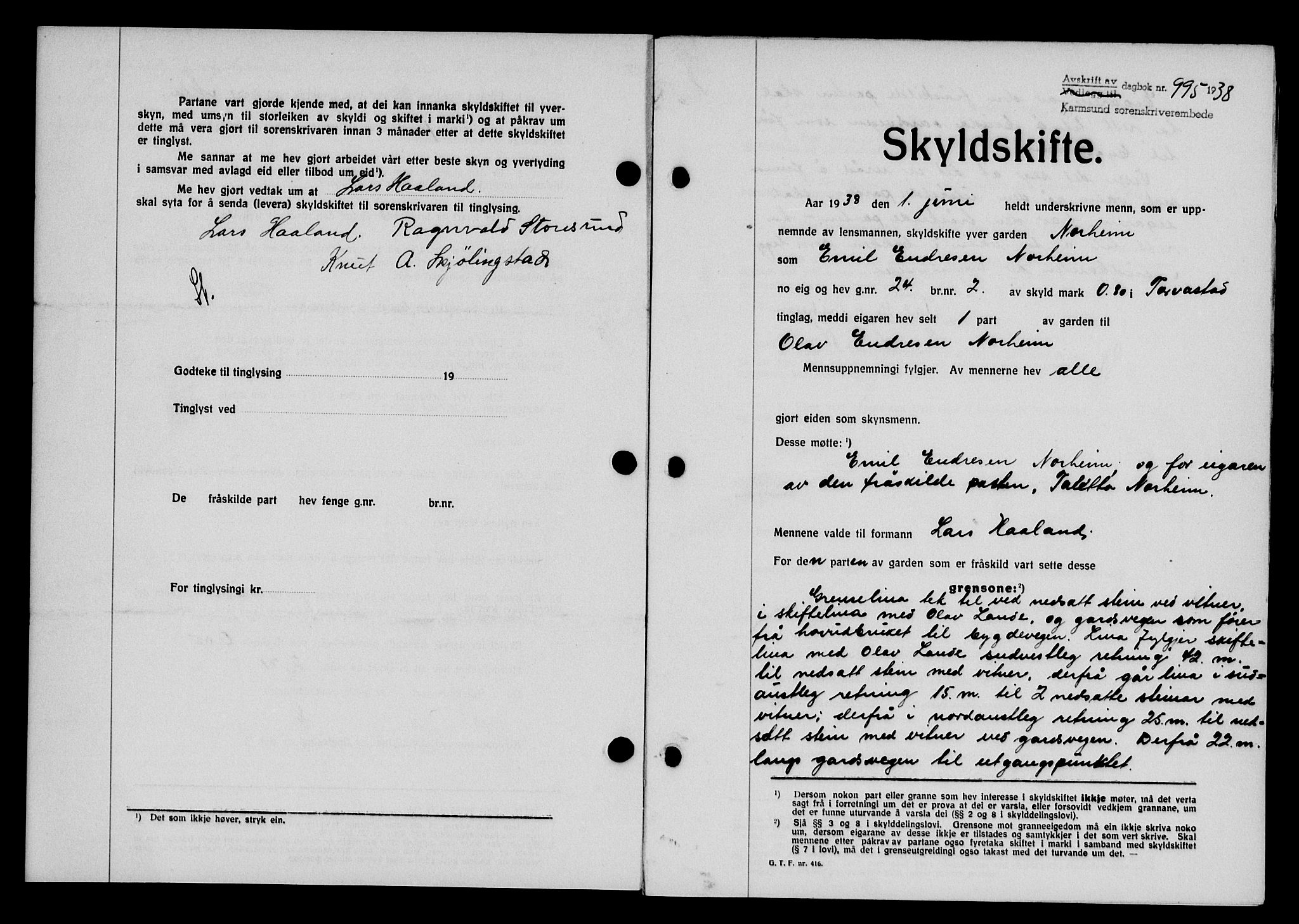 Karmsund sorenskriveri, SAST/A-100311/01/II/IIB/L0069: Pantebok nr. 50A, 1937-1938, Dagboknr: 995/1938