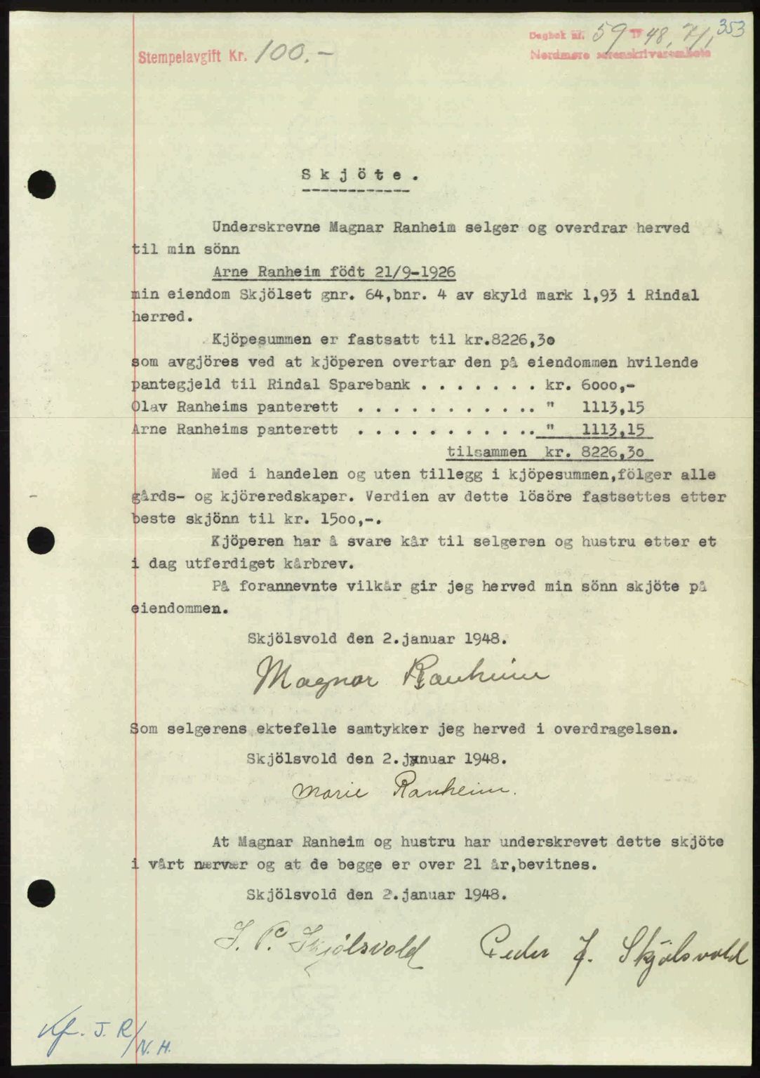 Nordmøre sorenskriveri, AV/SAT-A-4132/1/2/2Ca: Pantebok nr. A107, 1947-1948, Dagboknr: 59/1948