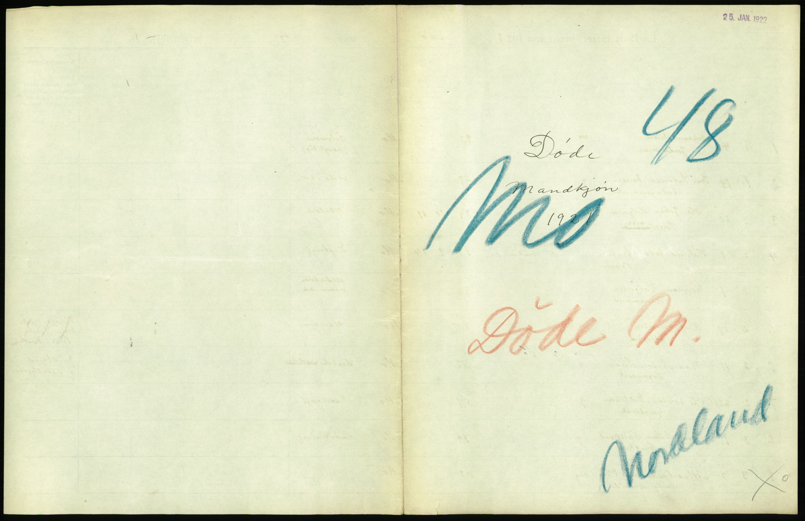 Statistisk sentralbyrå, Sosiodemografiske emner, Befolkning, AV/RA-S-2228/D/Df/Dfc/Dfca/L0051: Nordland fylke: Døde. Bygder og byer., 1921