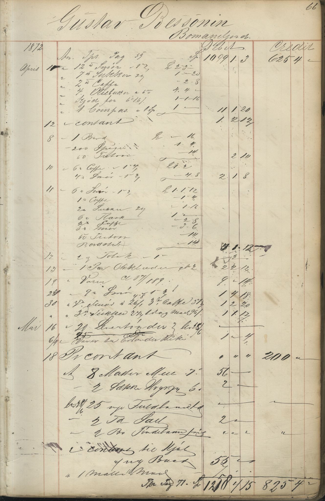 Brodtkorb handel A/S, VAMU/A-0001/F/Fc/L0001/0001: Konto for kvener og nordmenn på Kolahalvøya  / Conto for Kvæner og Nordmænd paa Russefinmarken No 1, 1868-1894, s. 66