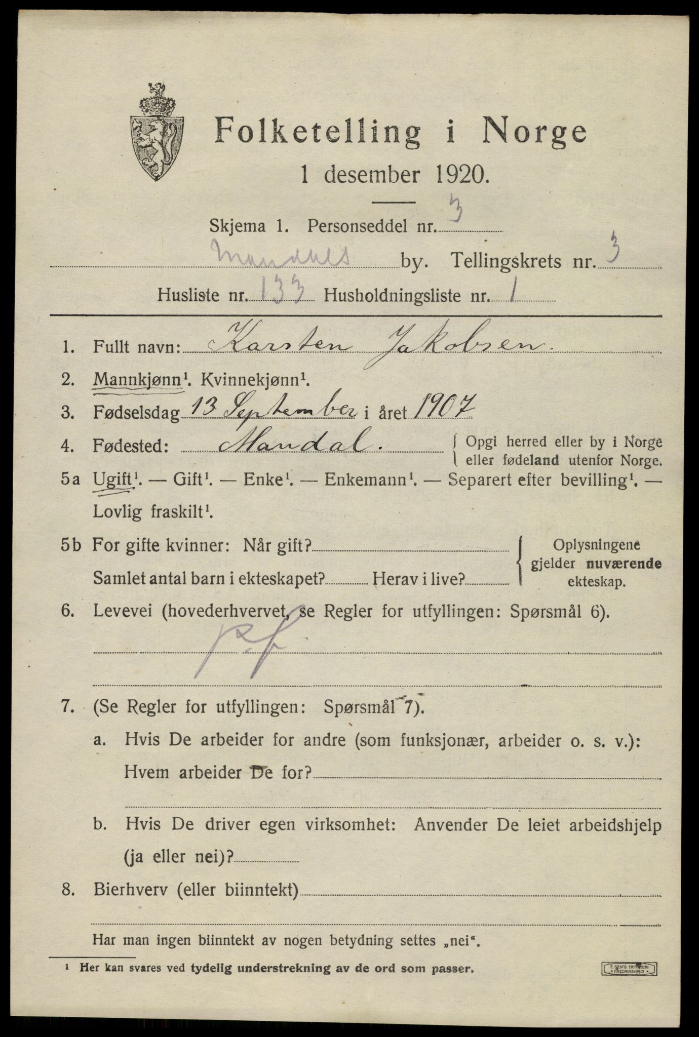 SAK, Folketelling 1920 for 1002 Mandal ladested, 1920, s. 6993