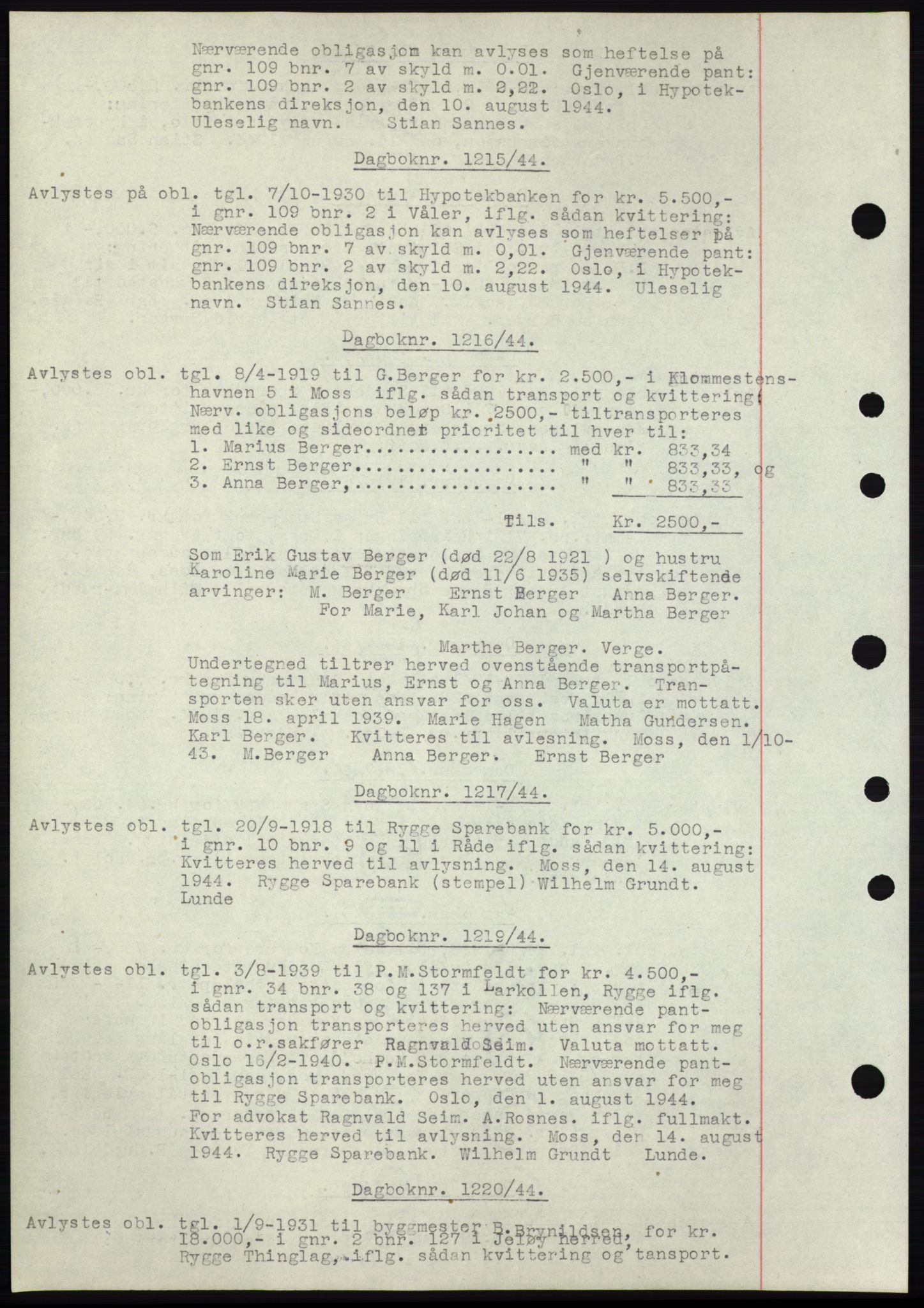 Moss sorenskriveri, SAO/A-10168: Pantebok nr. C10, 1938-1950, Dagboknr: 1815/1944