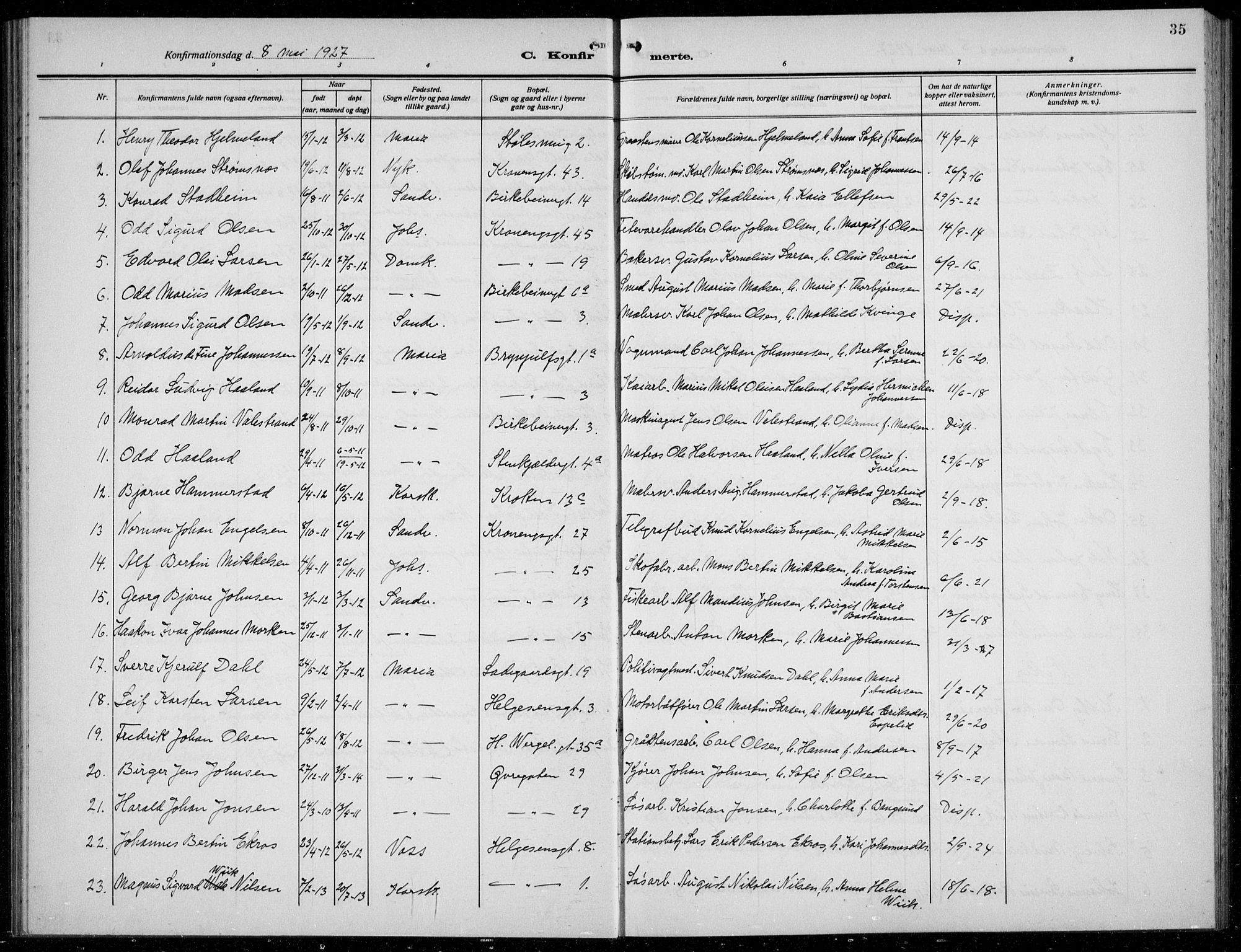 Mariakirken Sokneprestembete, AV/SAB-A-76901/H/Hab/L0010: Klokkerbok nr. A 10, 1920-1937, s. 35