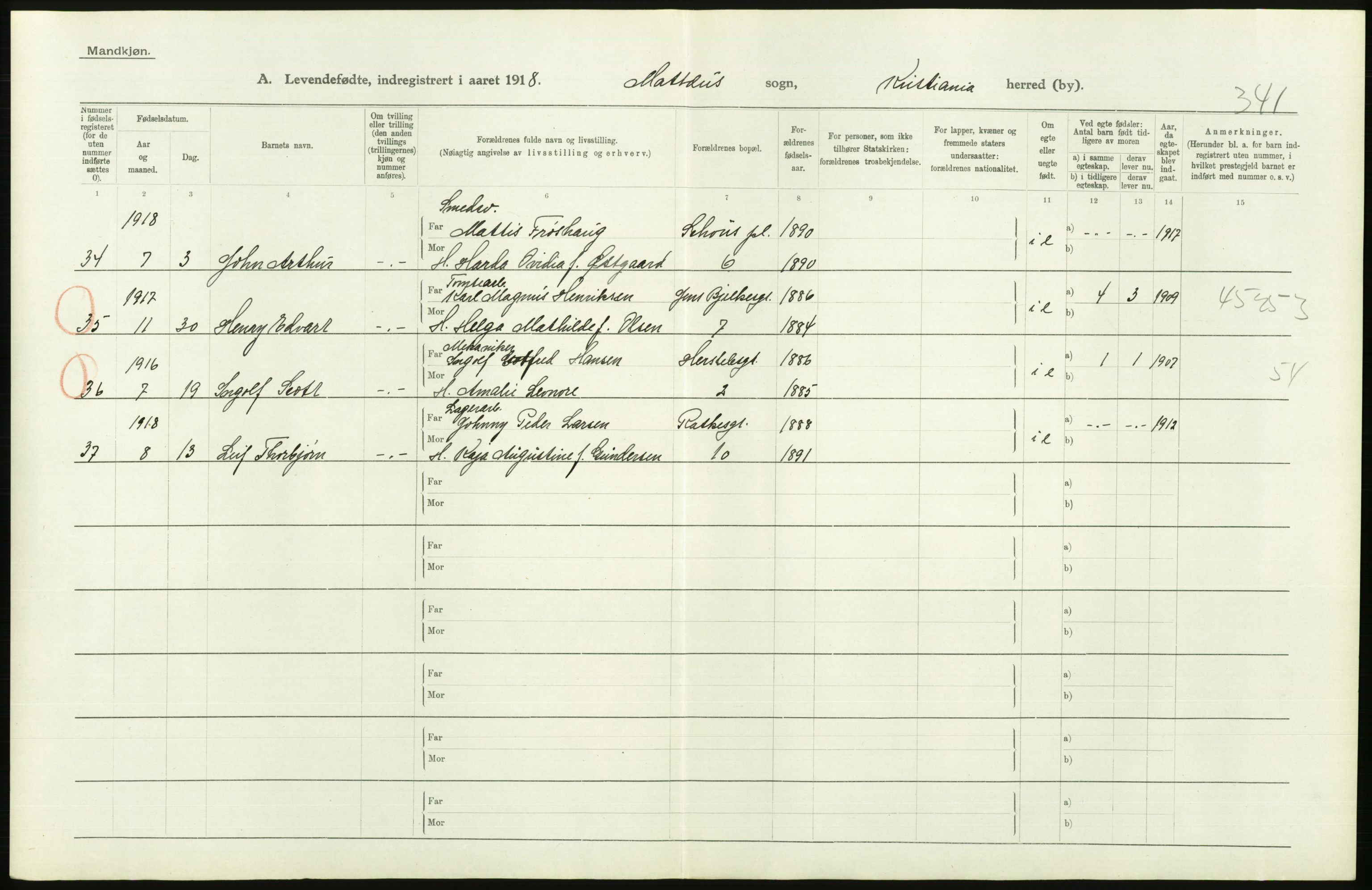 Statistisk sentralbyrå, Sosiodemografiske emner, Befolkning, AV/RA-S-2228/D/Df/Dfb/Dfbh/L0008: Kristiania: Levendefødte menn og kvinner., 1918, s. 62