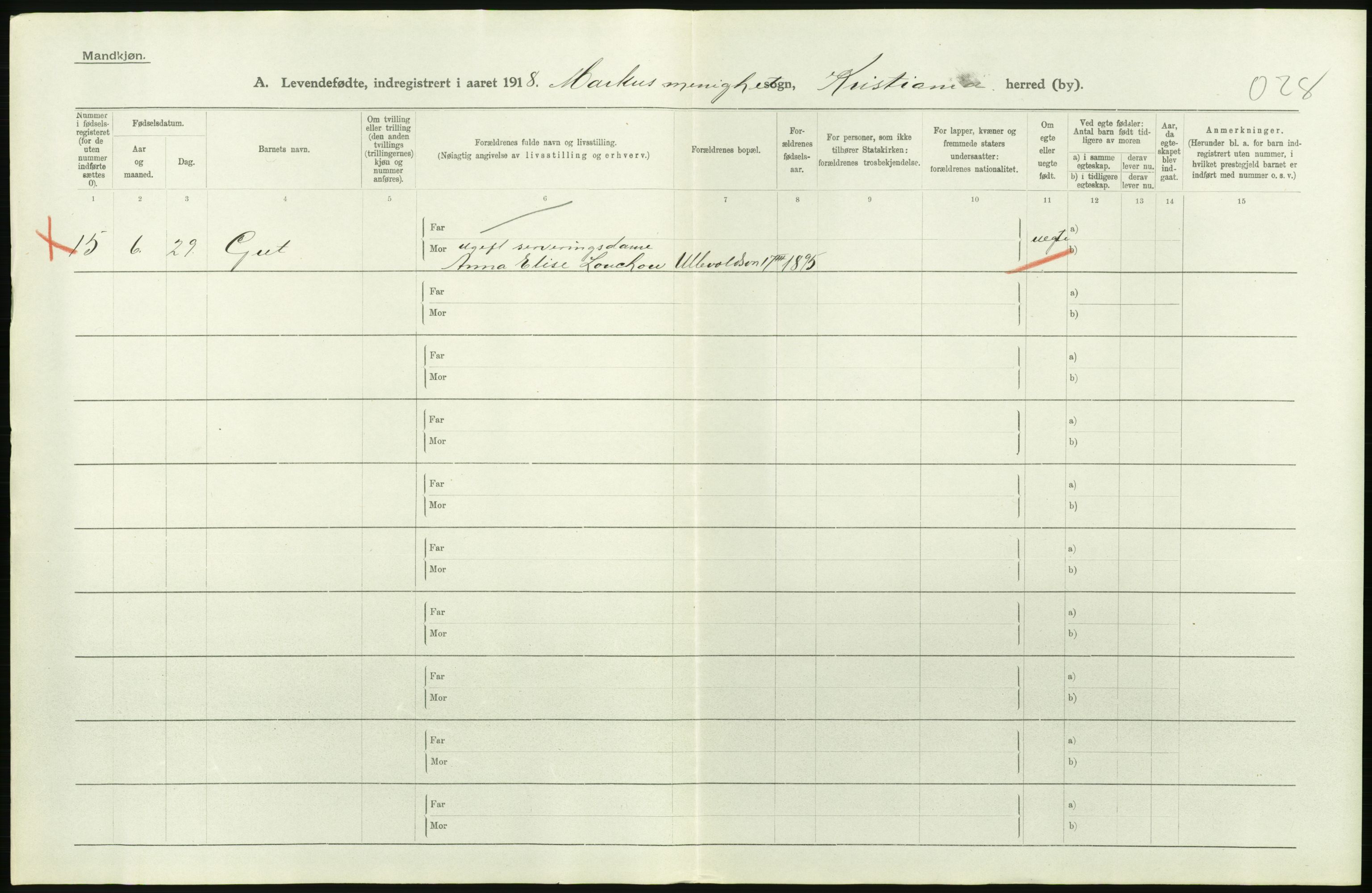 Statistisk sentralbyrå, Sosiodemografiske emner, Befolkning, AV/RA-S-2228/D/Df/Dfb/Dfbh/L0008: Kristiania: Levendefødte menn og kvinner., 1918, s. 82