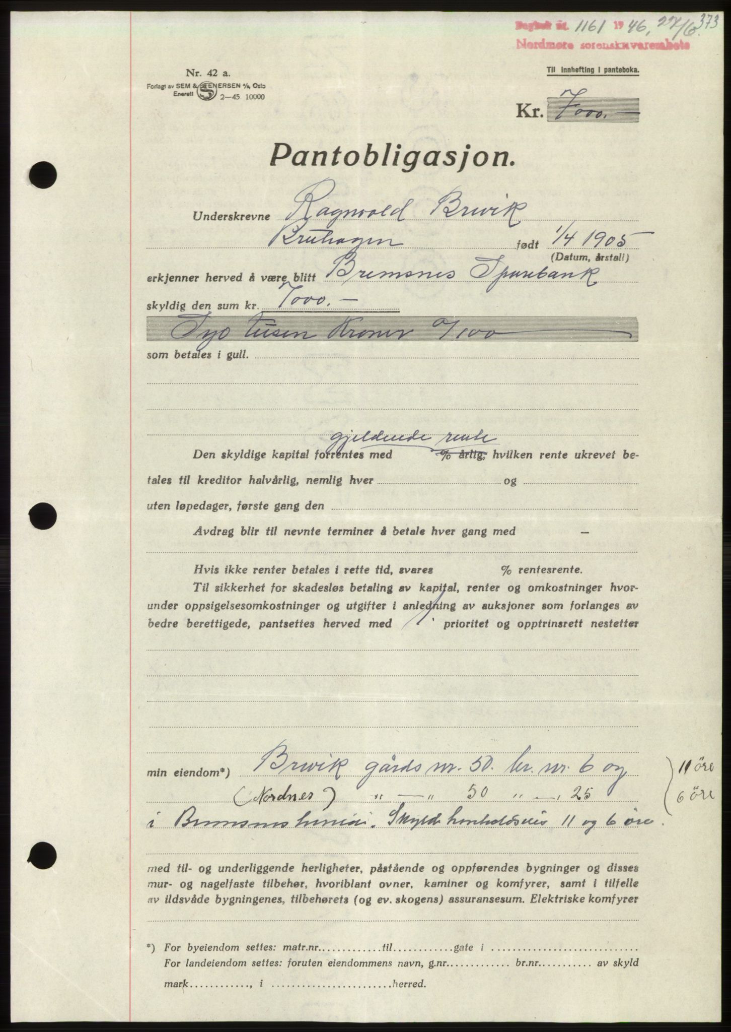 Nordmøre sorenskriveri, AV/SAT-A-4132/1/2/2Ca: Pantebok nr. B94, 1946-1946, Dagboknr: 1161/1946