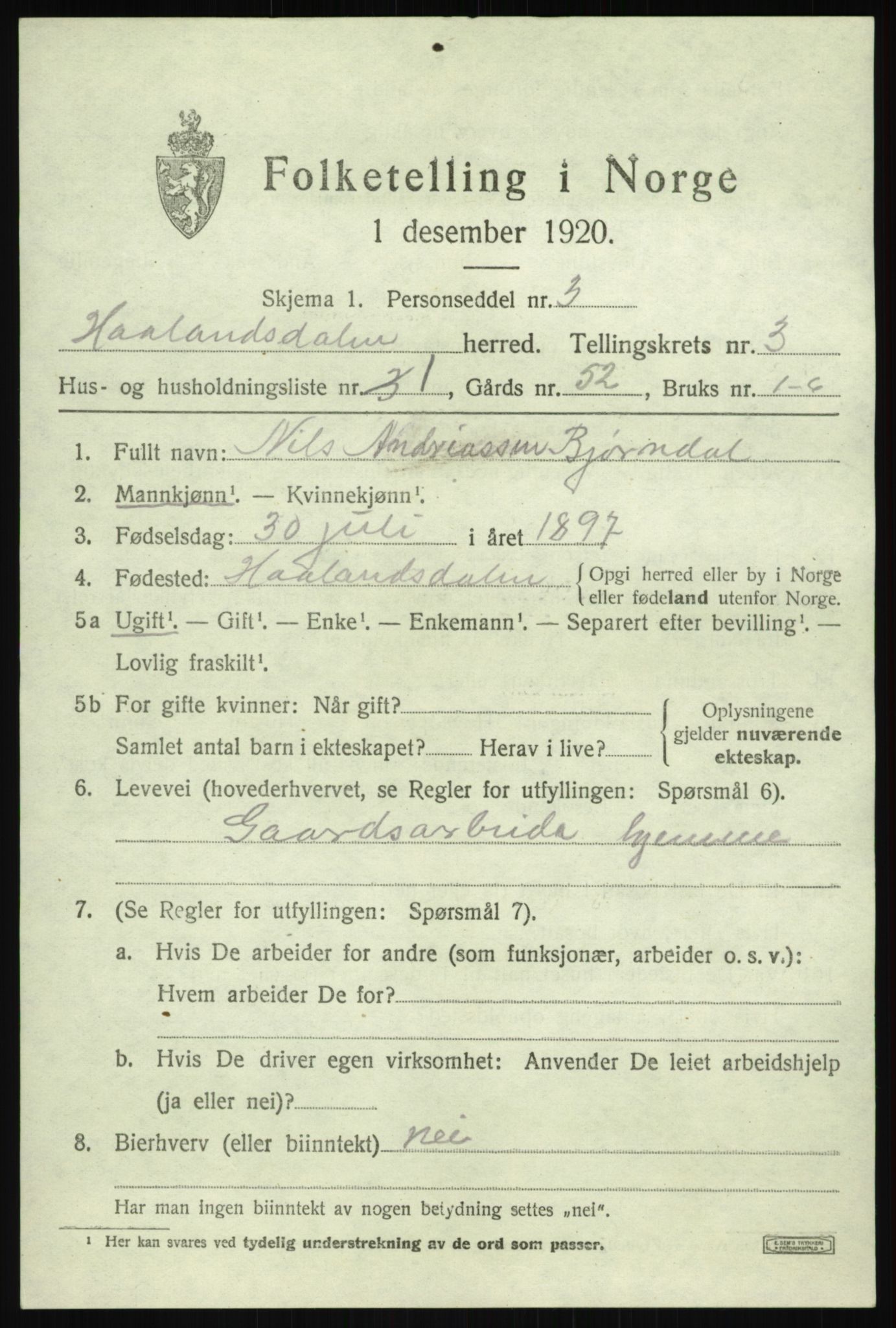 SAB, Folketelling 1920 for 1239 Hålandsdal herred, 1920, s. 666