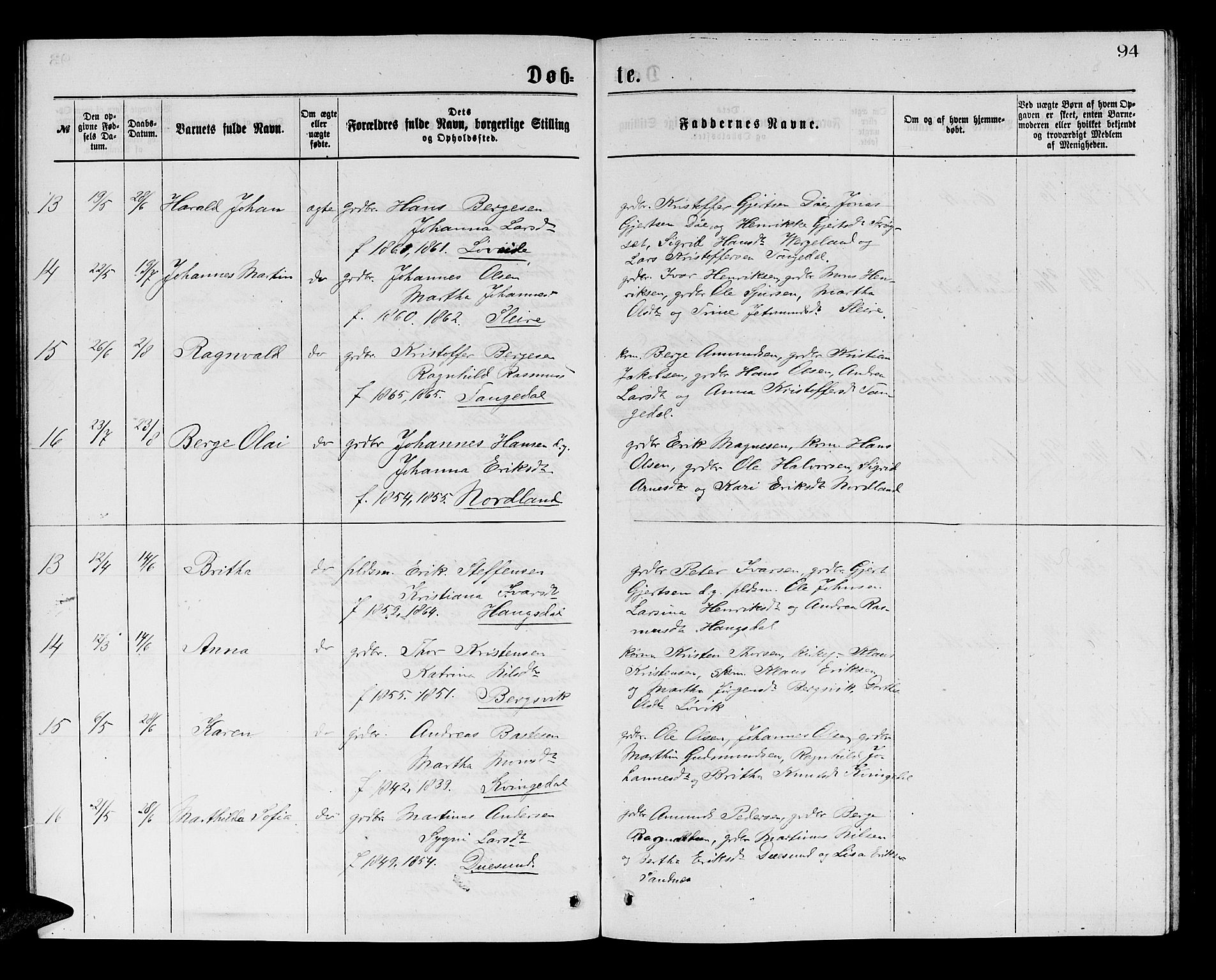Masfjorden sokneprestembete, AV/SAB-A-77001: Klokkerbok nr. A 2, 1876-1891, s. 94