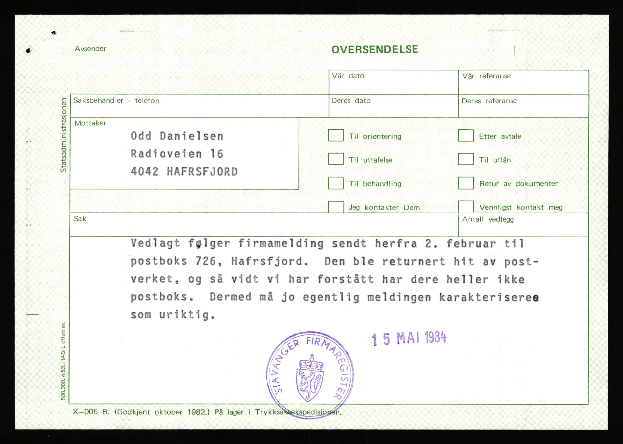 Stavanger byfogd, AV/SAST-A-101408/002/J/Jd/Jde/L0021: Registreringsmeldinger og bilag. Enkeltmannsforetak, 2971-3055, 1984-1990, s. 2