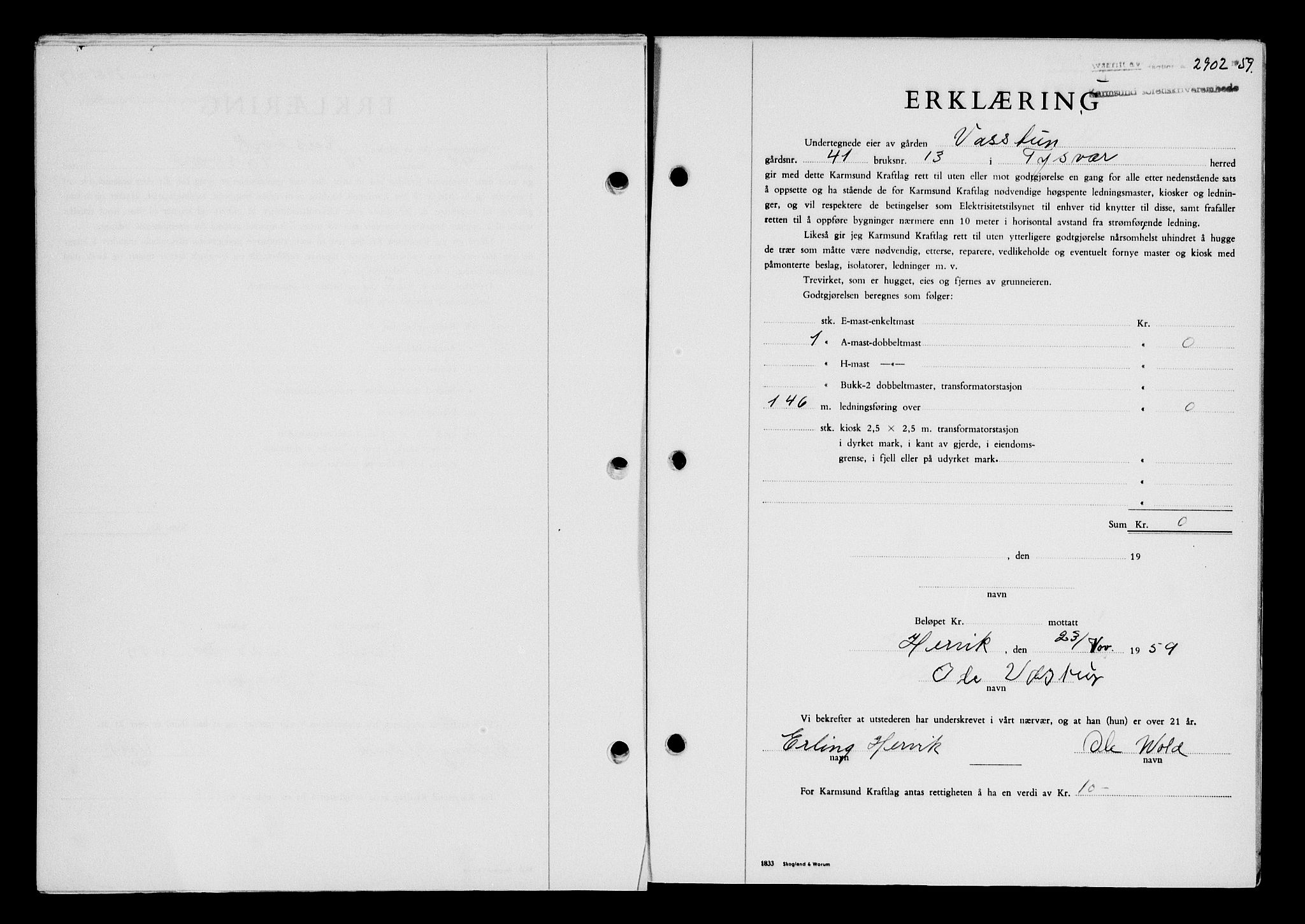 Karmsund sorenskriveri, SAST/A-100311/01/II/IIB/L0132: Pantebok nr. 112A, 1959-1959, Dagboknr: 2902/1959