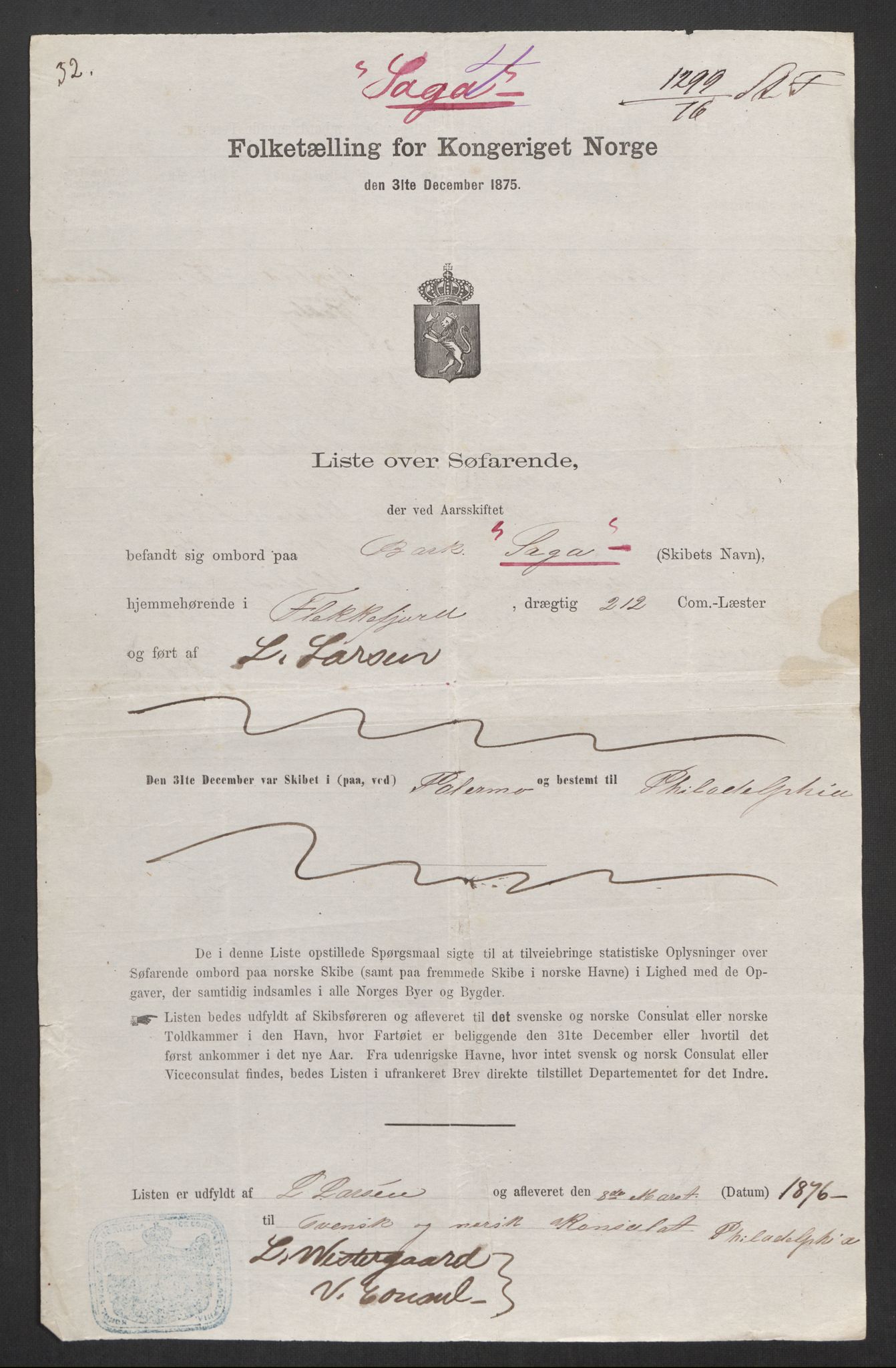 RA, Folketelling 1875, skipslister: Skip i utenrikske havner, hjemmehørende i 1) byer og ladesteder, Grimstad - Tromsø, 2) landdistrikter, 1875, s. 395