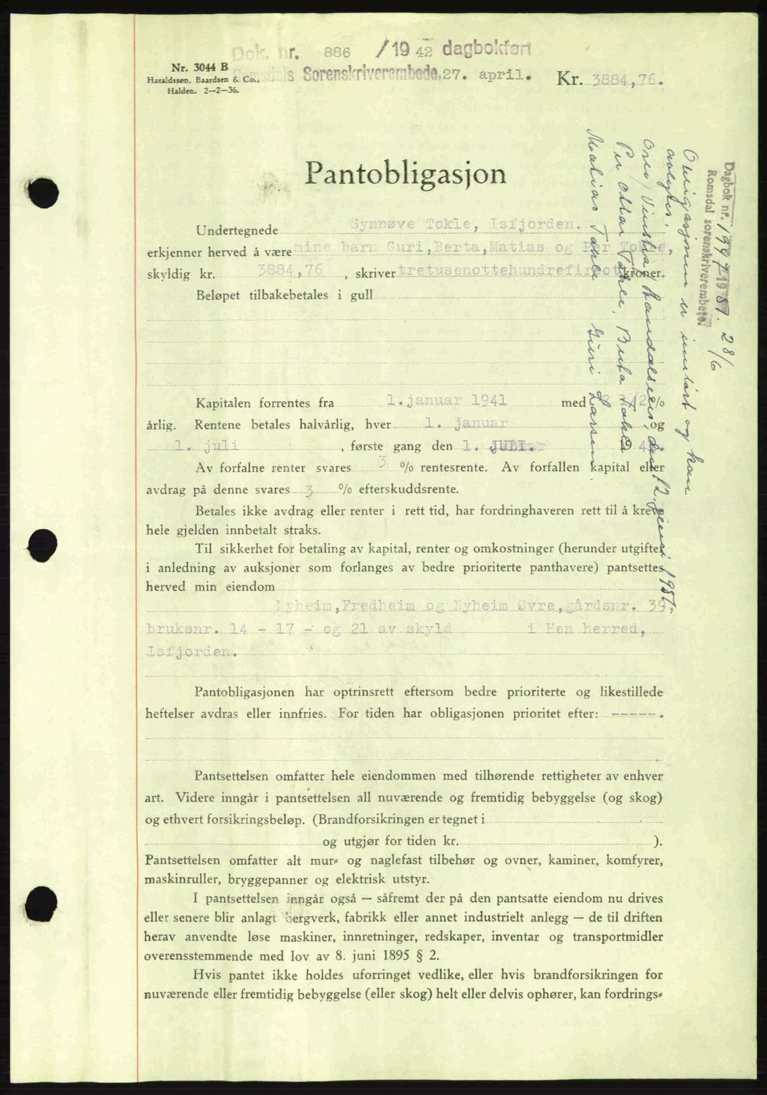 Romsdal sorenskriveri, SAT/A-4149/1/2/2C: Pantebok nr. B2, 1939-1945, Dagboknr: 886/1942