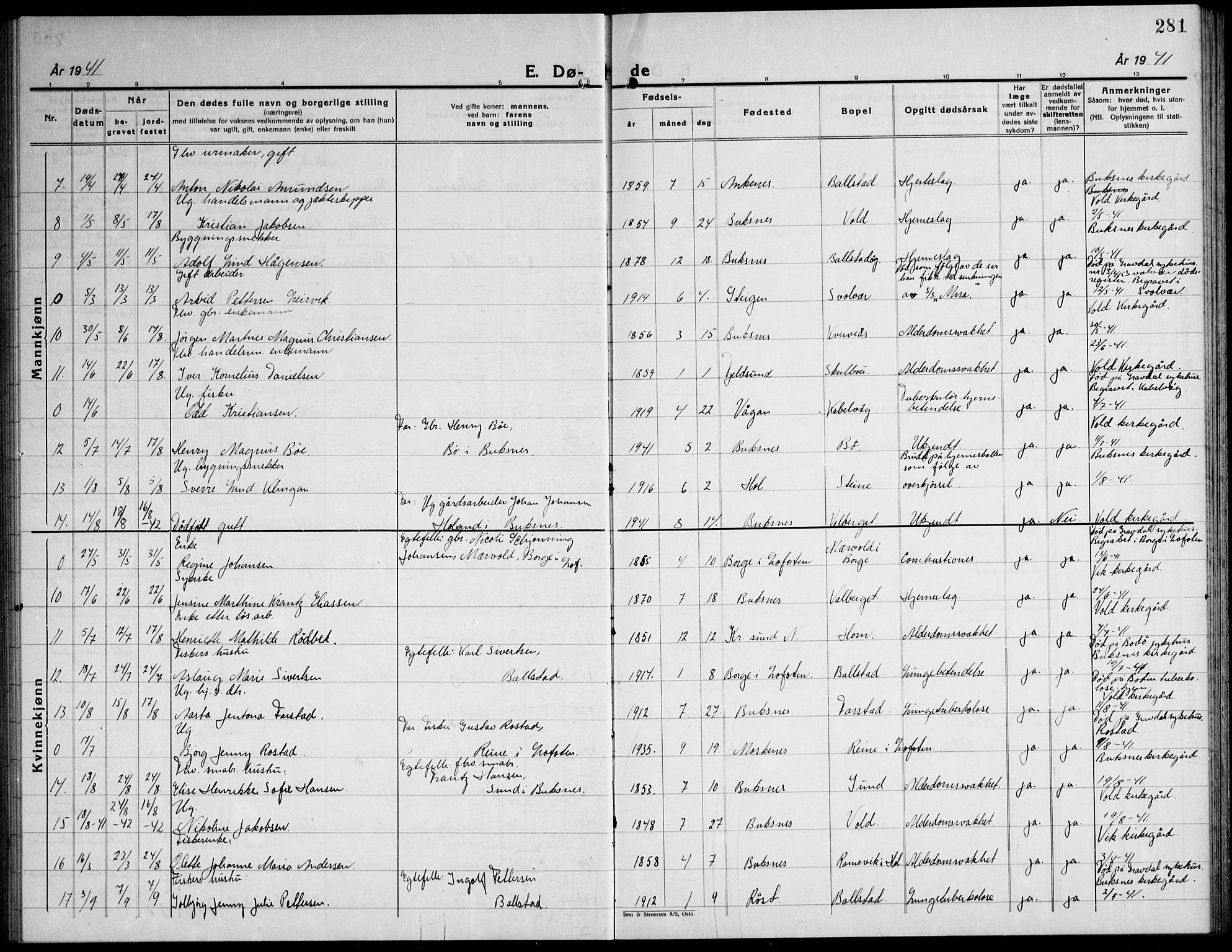 Ministerialprotokoller, klokkerbøker og fødselsregistre - Nordland, AV/SAT-A-1459/881/L1170: Klokkerbok nr. 881C07, 1930-1943, s. 281