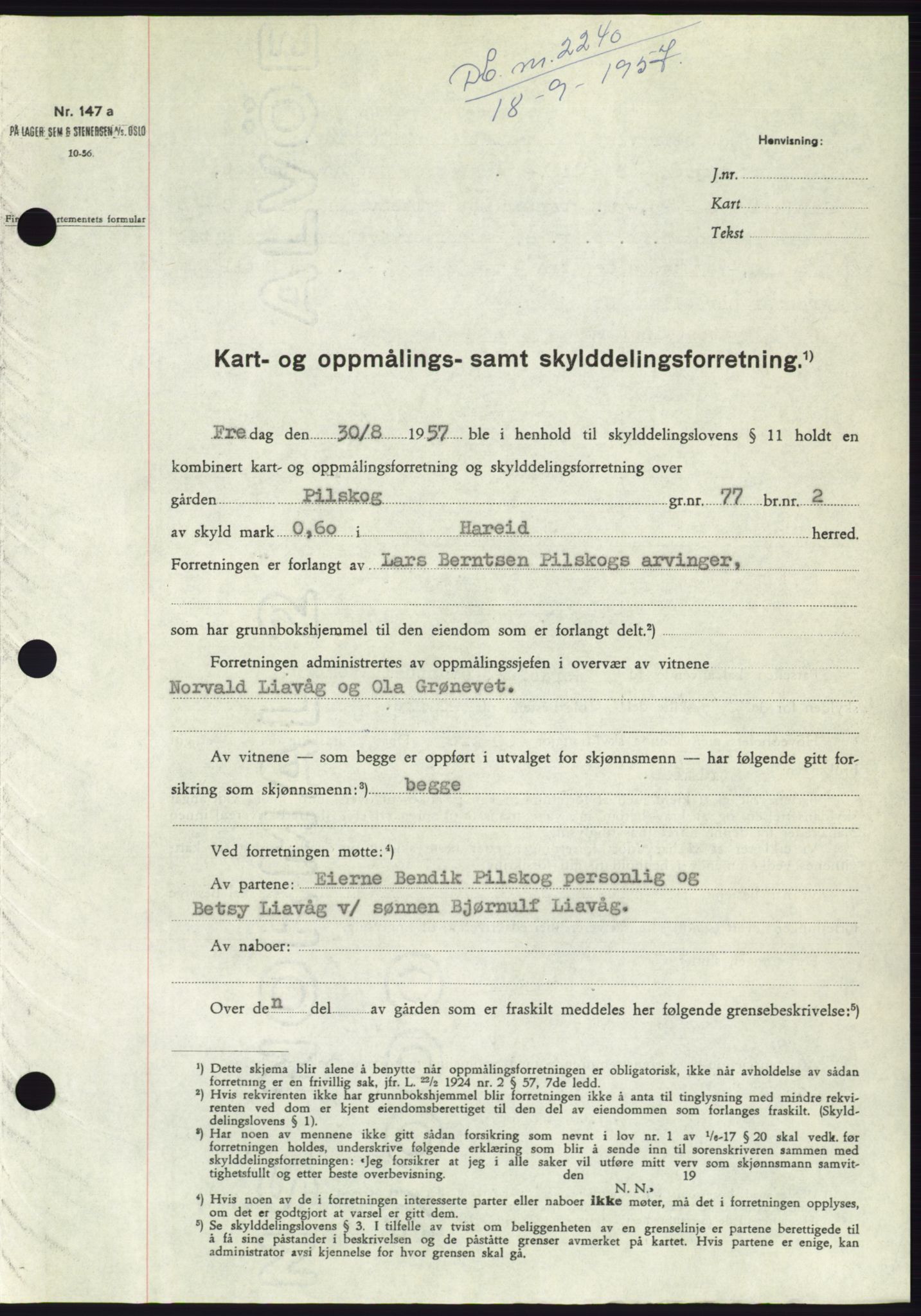 Søre Sunnmøre sorenskriveri, SAT/A-4122/1/2/2C/L0107: Pantebok nr. 33A, 1957-1957, Dagboknr: 2240/1957