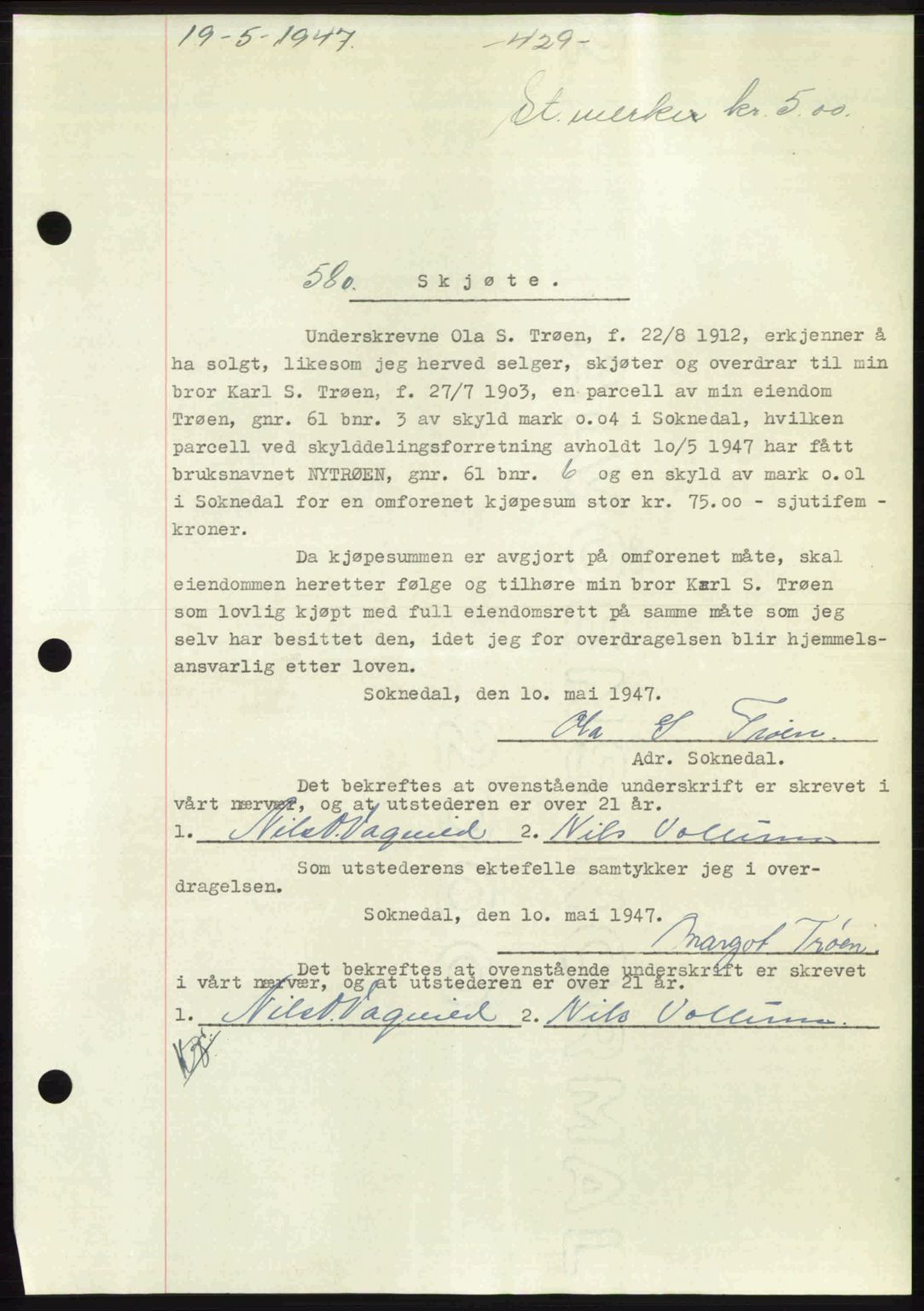 Gauldal sorenskriveri, SAT/A-0014/1/2/2C: Pantebok nr. A3, 1947-1947, Dagboknr: 580/1947