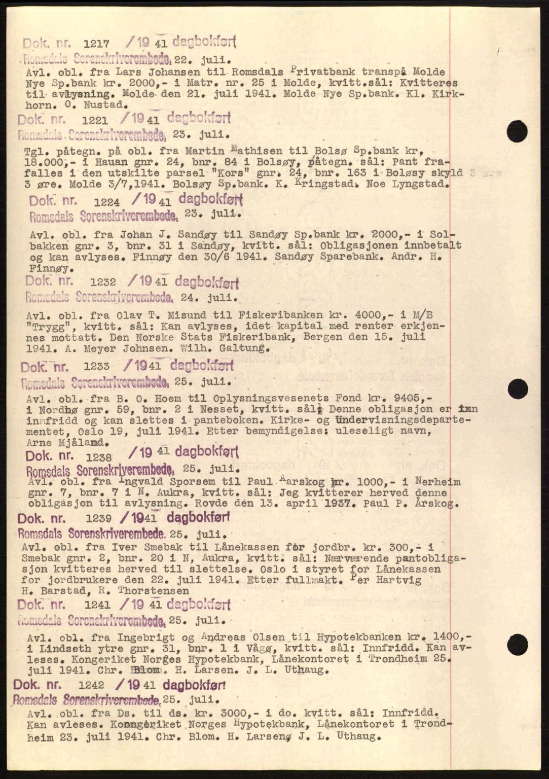 Romsdal sorenskriveri, AV/SAT-A-4149/1/2/2C: Pantebok nr. C1a, 1936-1945, Dagboknr: 1217/1941