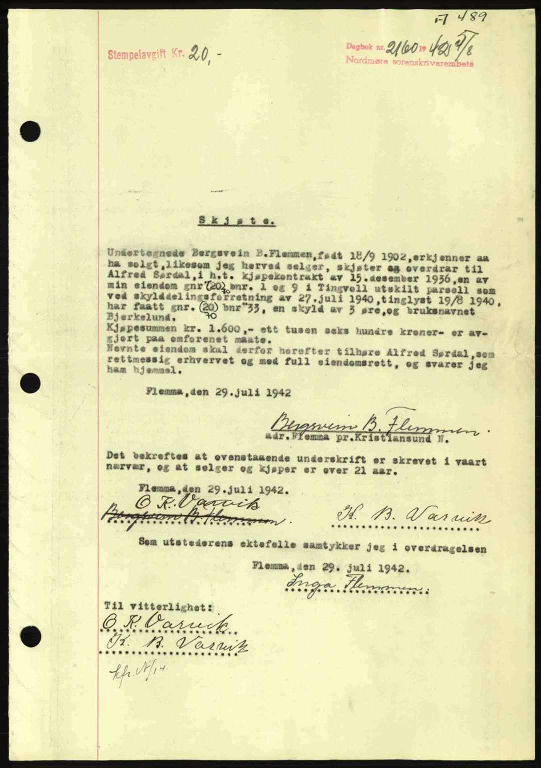 Nordmøre sorenskriveri, SAT/A-4132/1/2/2Ca: Pantebok nr. A93, 1942-1942, Dagboknr: 2160/1942