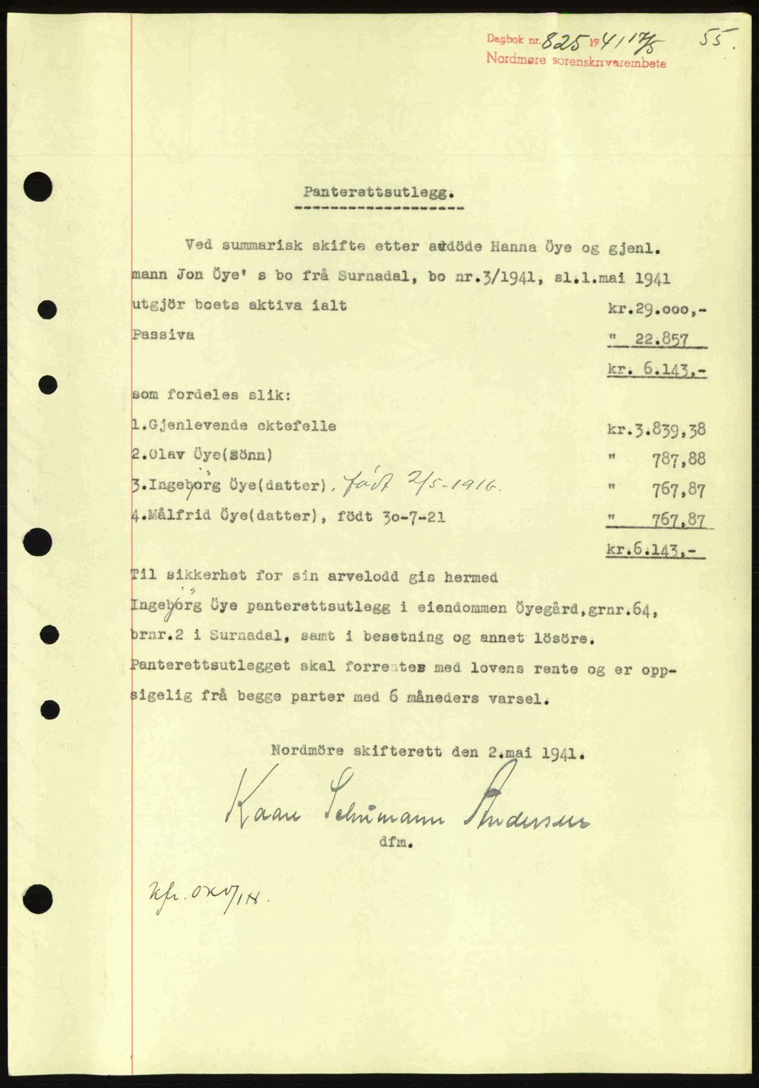 Nordmøre sorenskriveri, SAT/A-4132/1/2/2Ca: Pantebok nr. B88, 1941-1942, Dagboknr: 825/1941