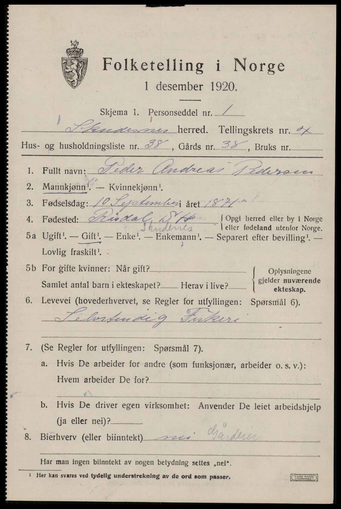 SAST, Folketelling 1920 for 1150 Skudenes herred, 1920, s. 3820